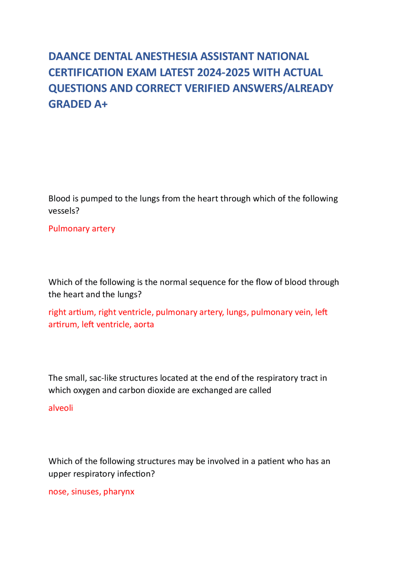 DAANCE Dental Anesthesia Assistant Certification Exam: 2024 2025 Q A