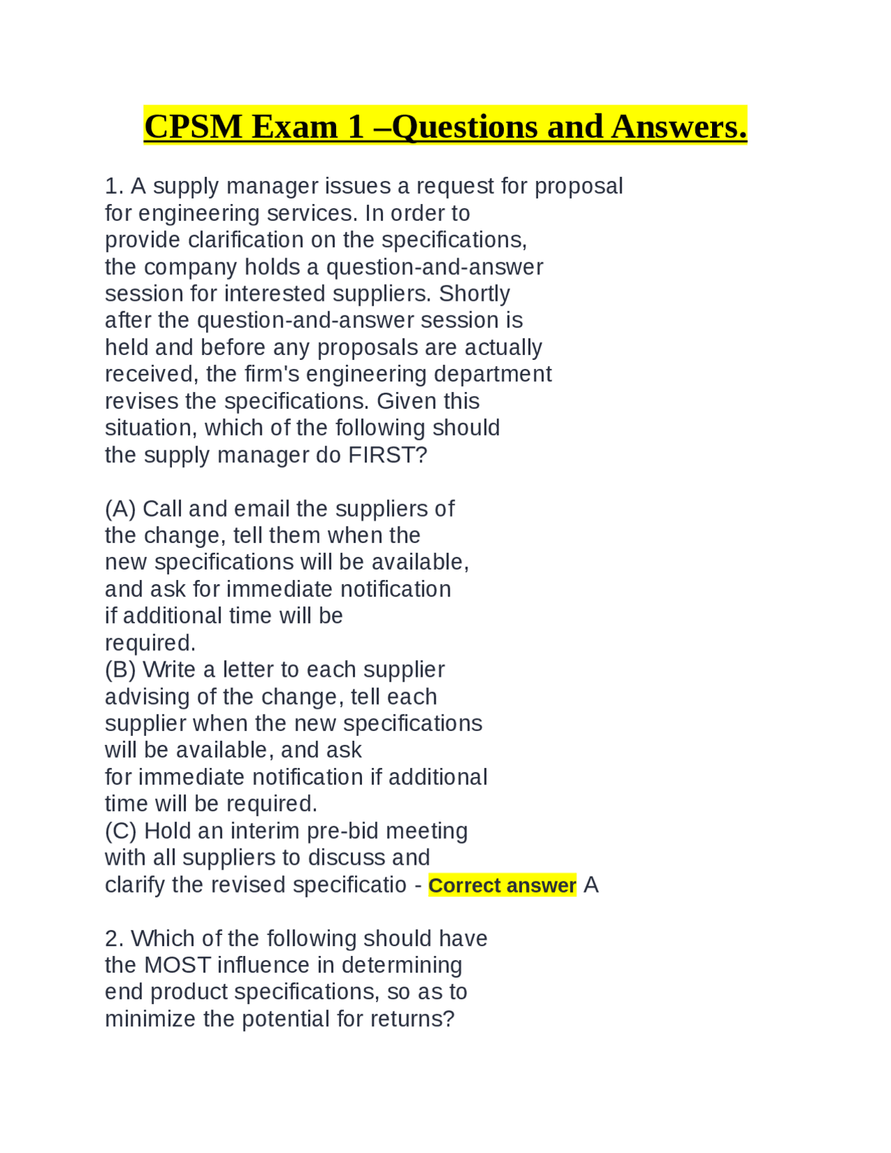 CPSM Exam 1 –Questions and Answers. | Exams Marketing | Docsity