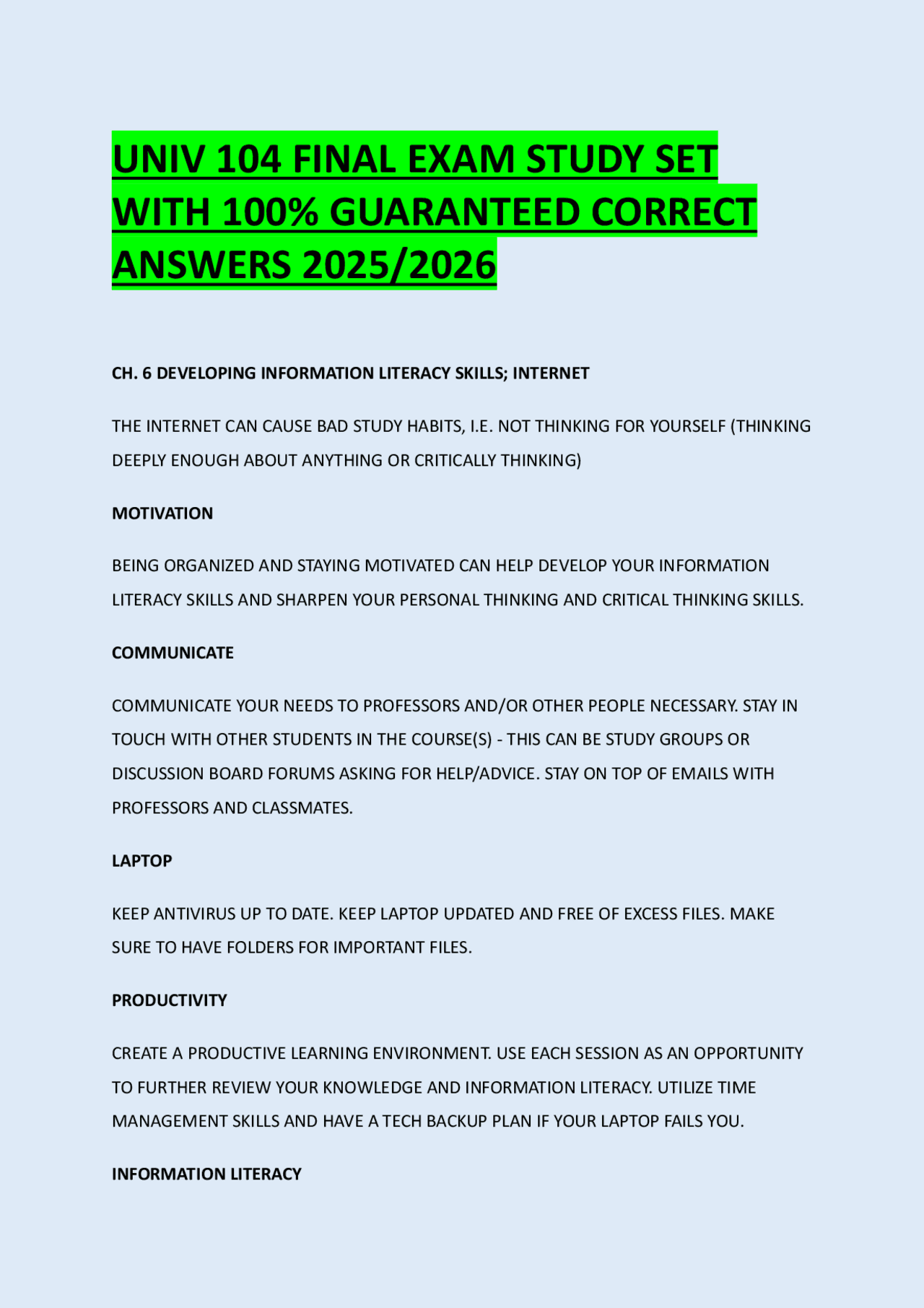 UNIV 104 FINAL EXAM STUDY SET WITH 100% GUARANTEED CORRECT ANSWERS 2025 ...