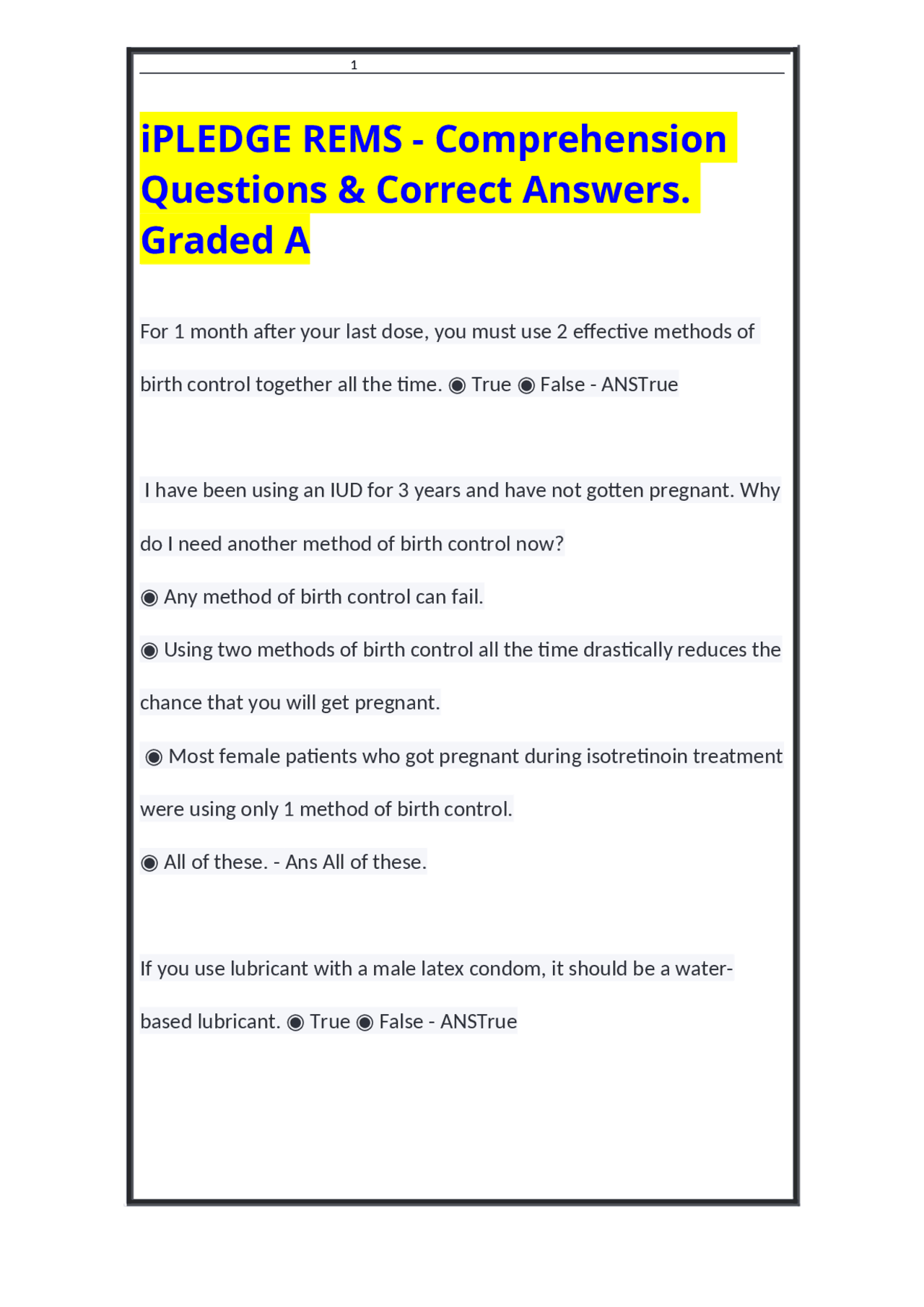 iPLEDGE REMS - Comprehension Questions & Correct Answers. Graded A | Exams  Health sciences