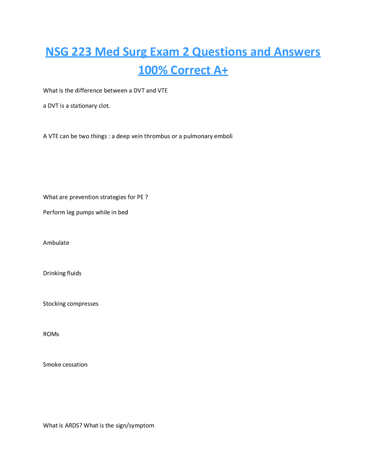 NSG 223 Med Surg Exam 2 Questions and Answers: A Comprehensive Review ...