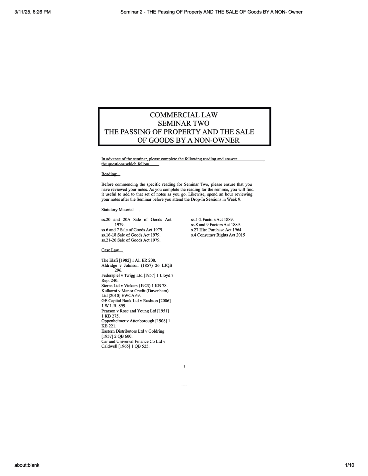 Seminar 2 - THE Passing OF Property AND THE SALE OF Goods BY A NON ...