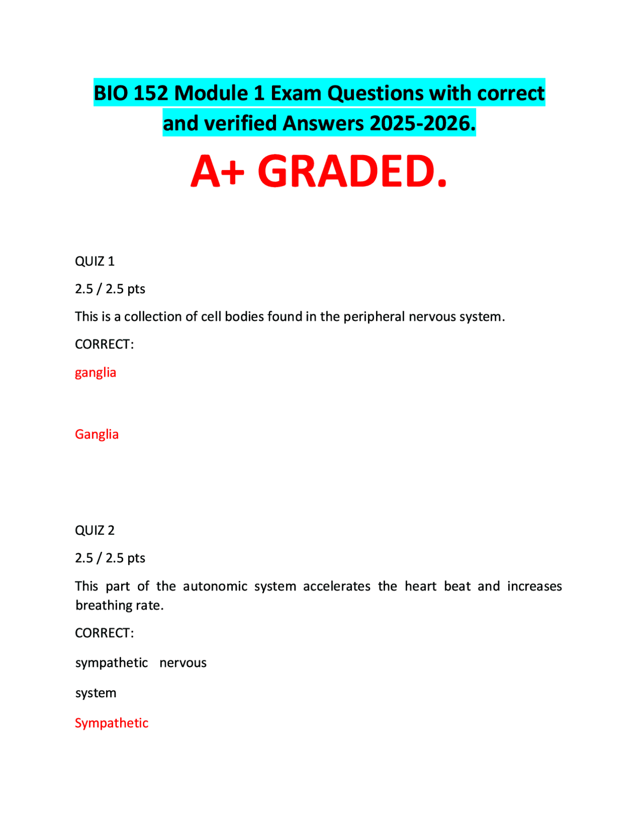 BIO 152 Module 1 Exam Questions with correct and verified Answers 2025 ...