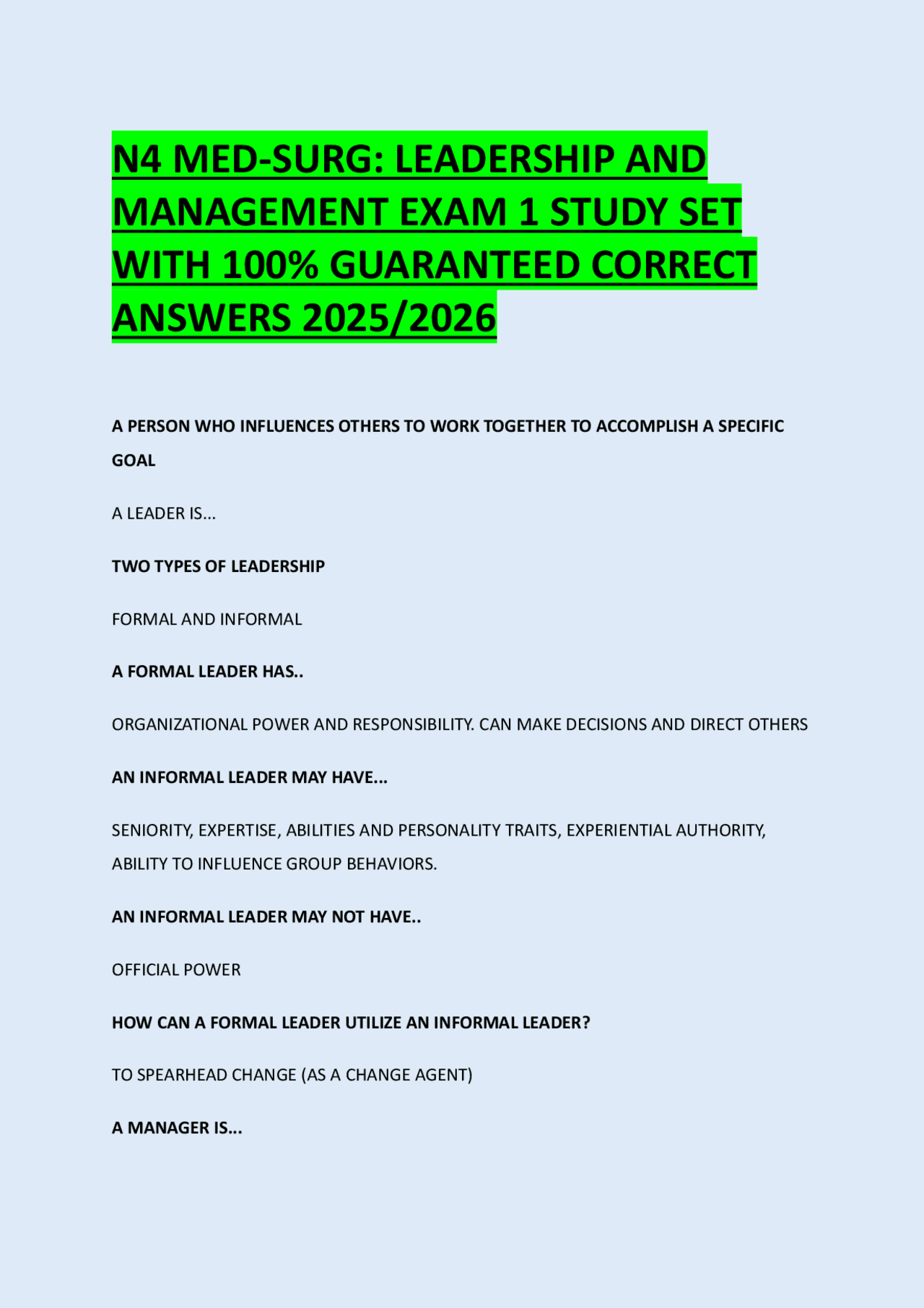 N4 MED-SURG: LEADERSHIP AND MANAGEMENT EXAM 1 STUDY SET WITH 100% ...