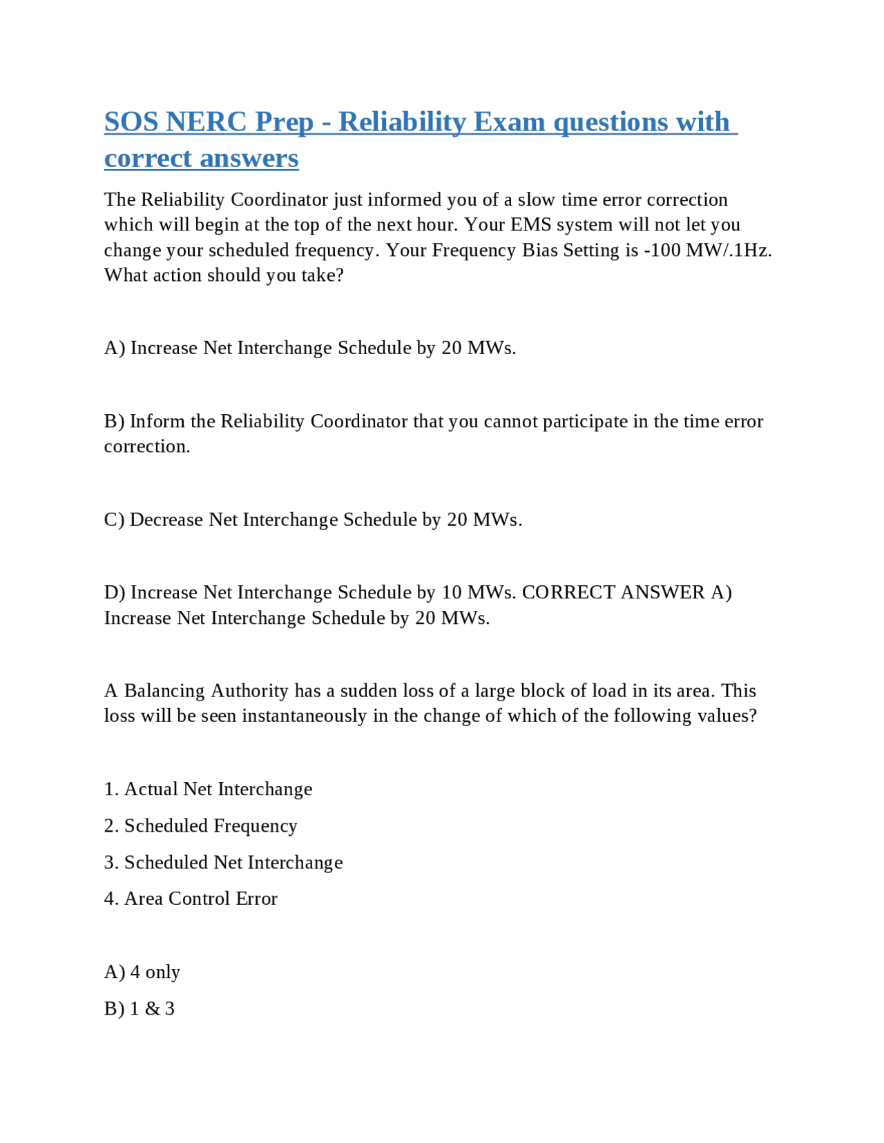 Reliability Exam Question NERC Reliability Exam Questions and Answers | Exams Advanced Education ...