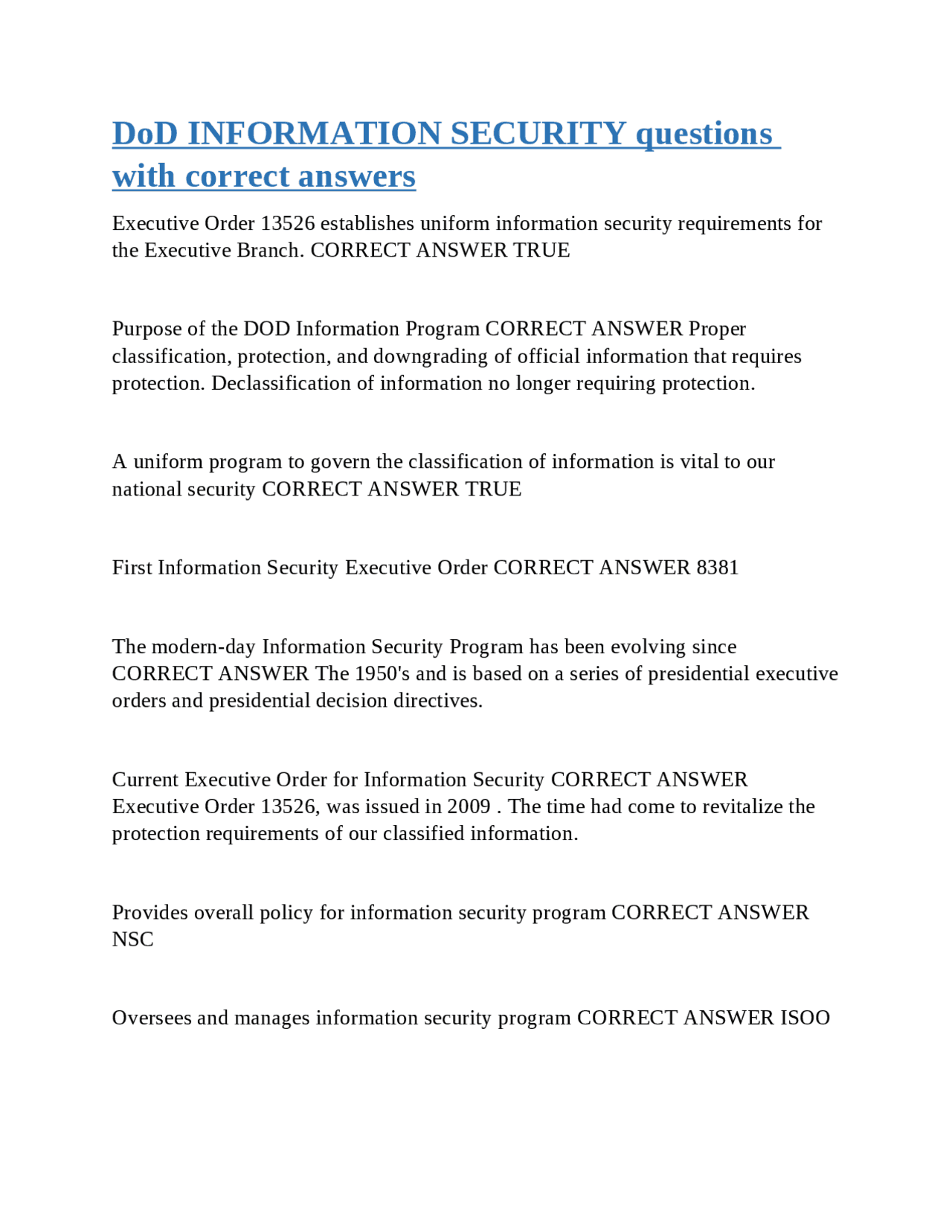 DoD INFORMATION SECURITY questions with correct answers | Exams ...