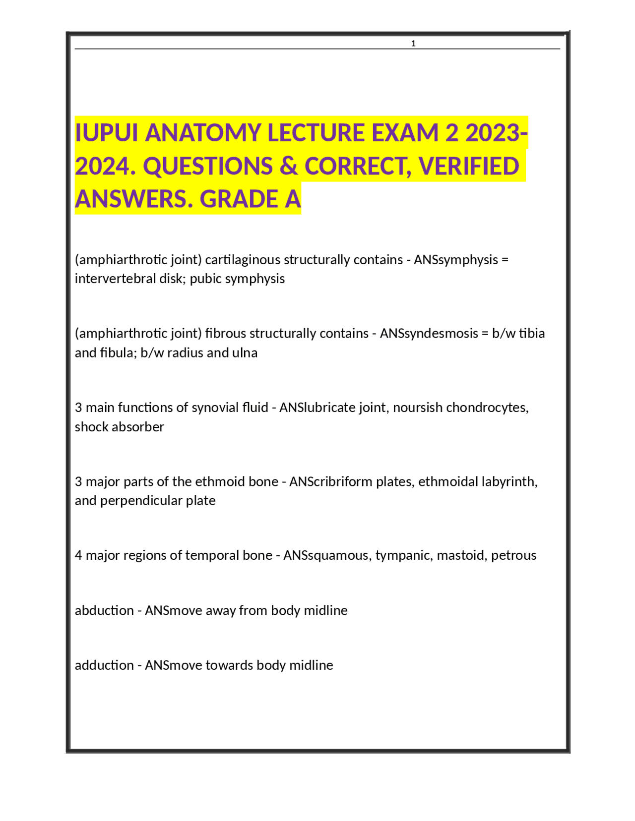 IUPUI ANATOMY LECTURE EXAM 2 2023-2024. QUESTIONS & CORRECT, VERIFIED ...