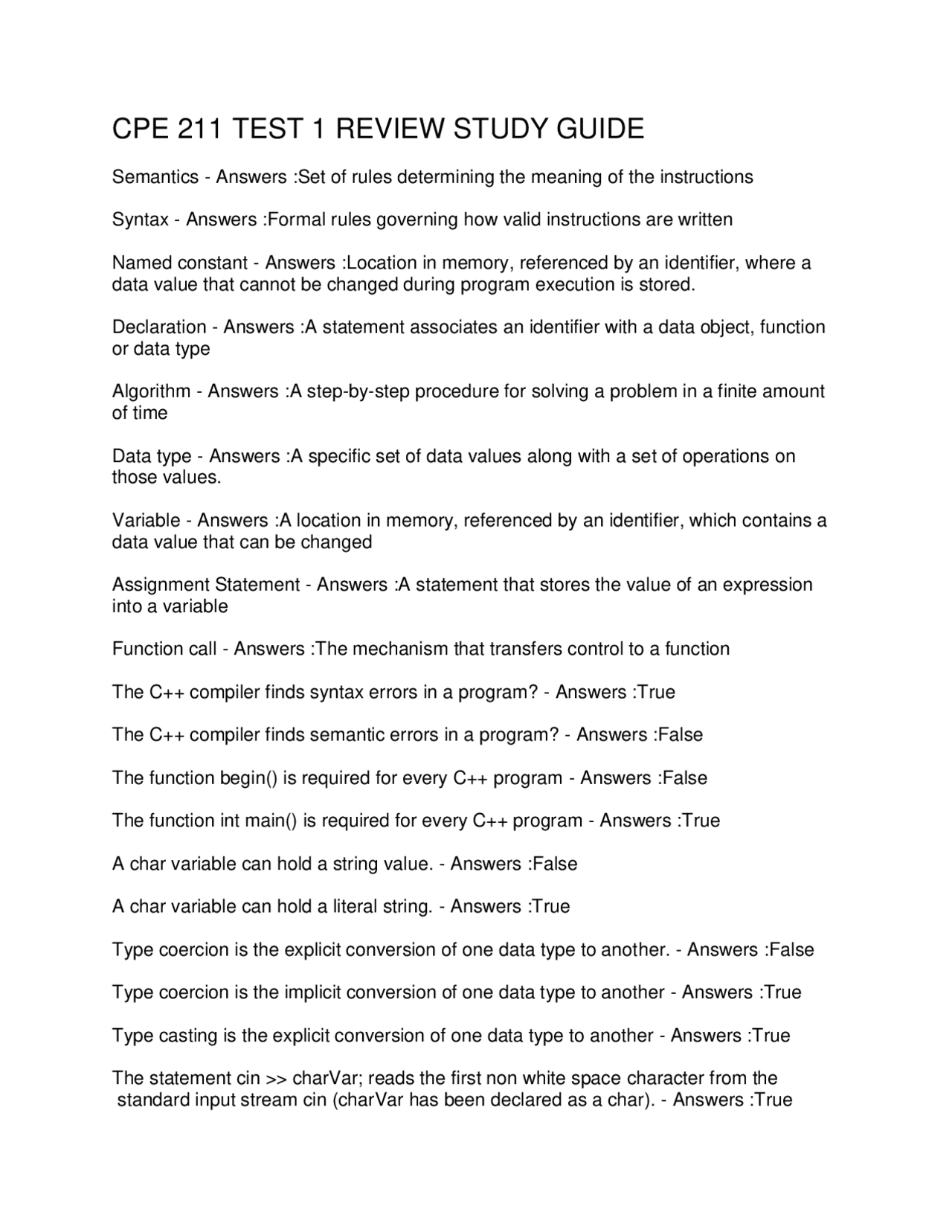 CPE 211 TEST 1 REVIEW STUDY GUIDE Exams Social Sciences Docsity