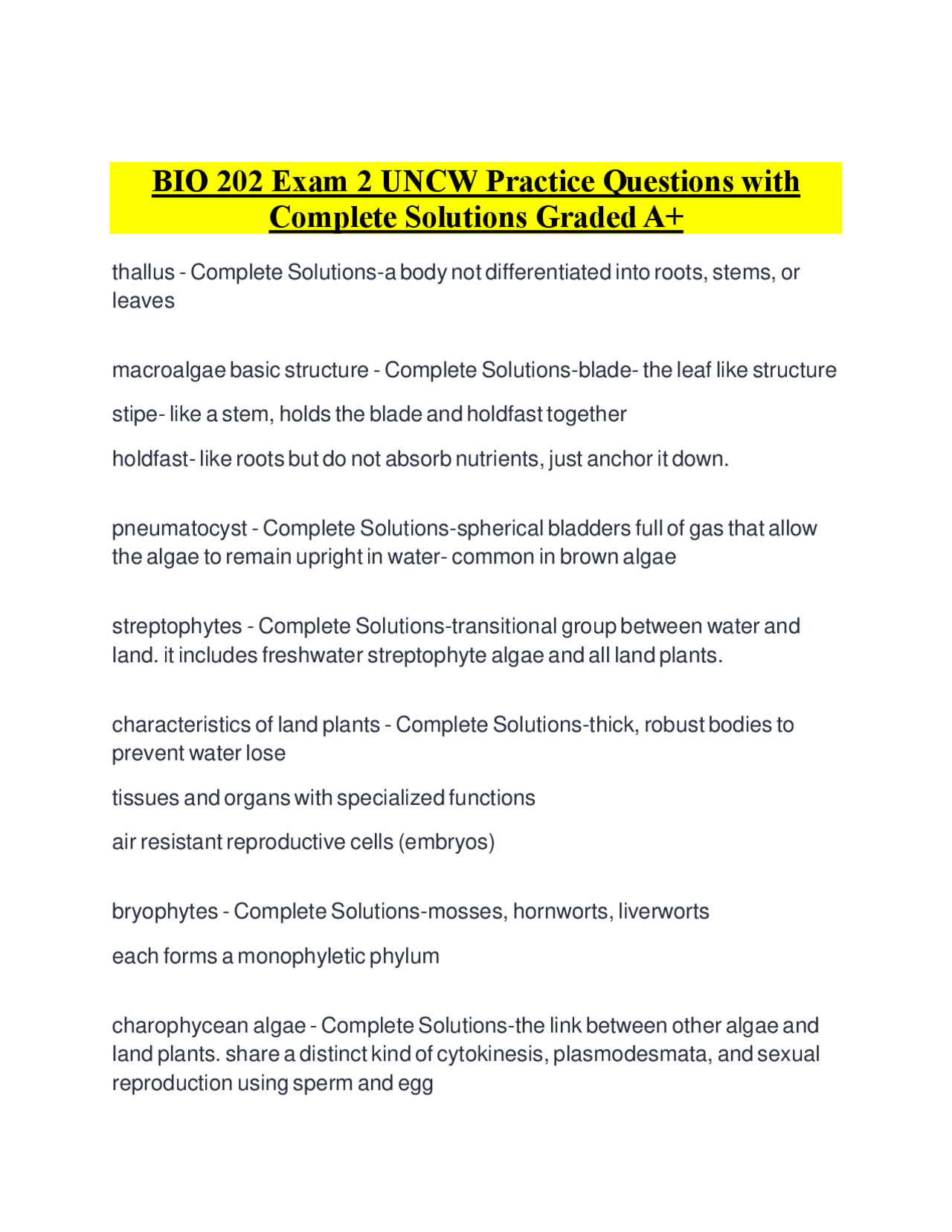 BIO 202 Exam 2 UNCW Practice Questions with Complete Solutions Graded ...