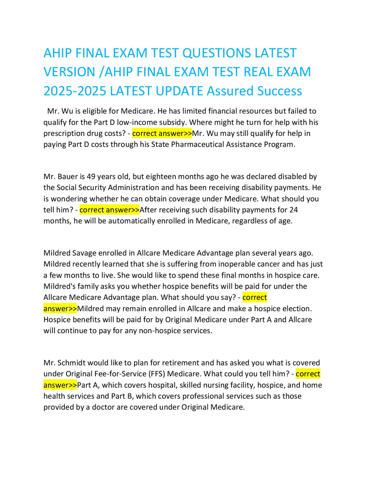 AHIP FINAL EXAM TEST QUESTIONS LATEST VERSION /AHIP FINAL EXAM TEST ...