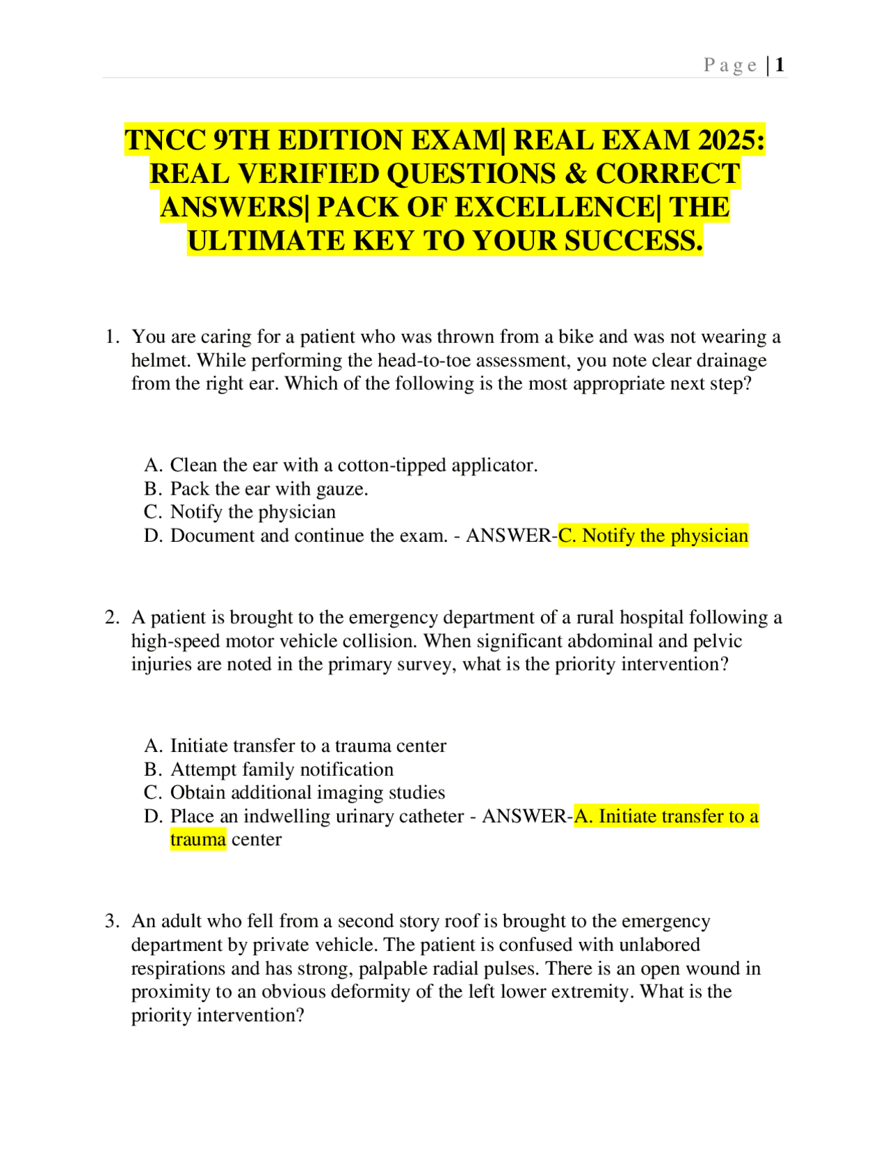 TNCC 9th Edition Exam: Real Exam Questions and Answers | Exams