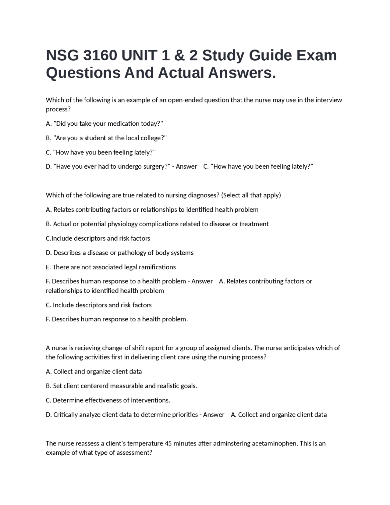NSG 3160 UNIT 1 & 2 Study Guide Exam Questions And Actual Answers ...