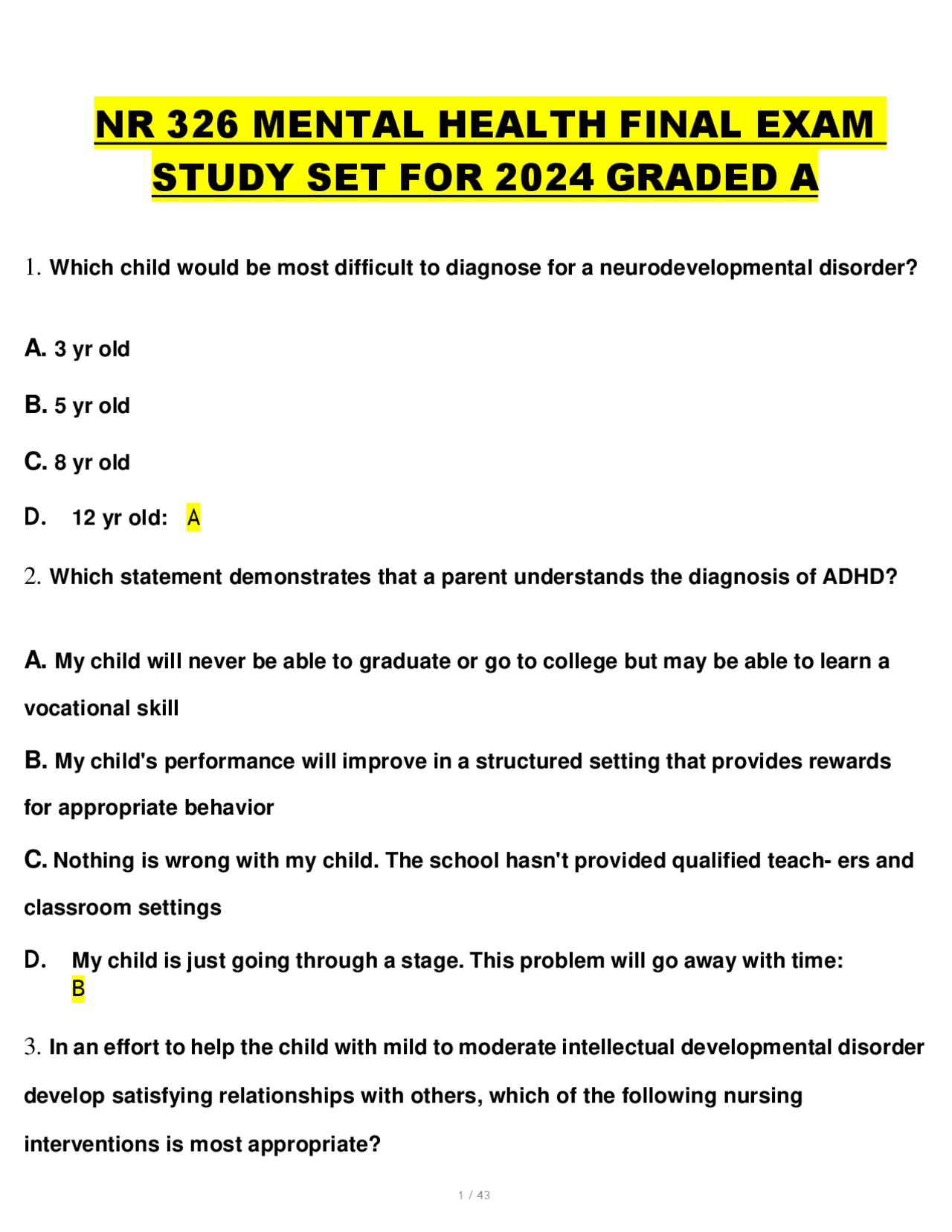 Mental Health Final Exam Study Set for 2024 | Exams Nursing | Docsity