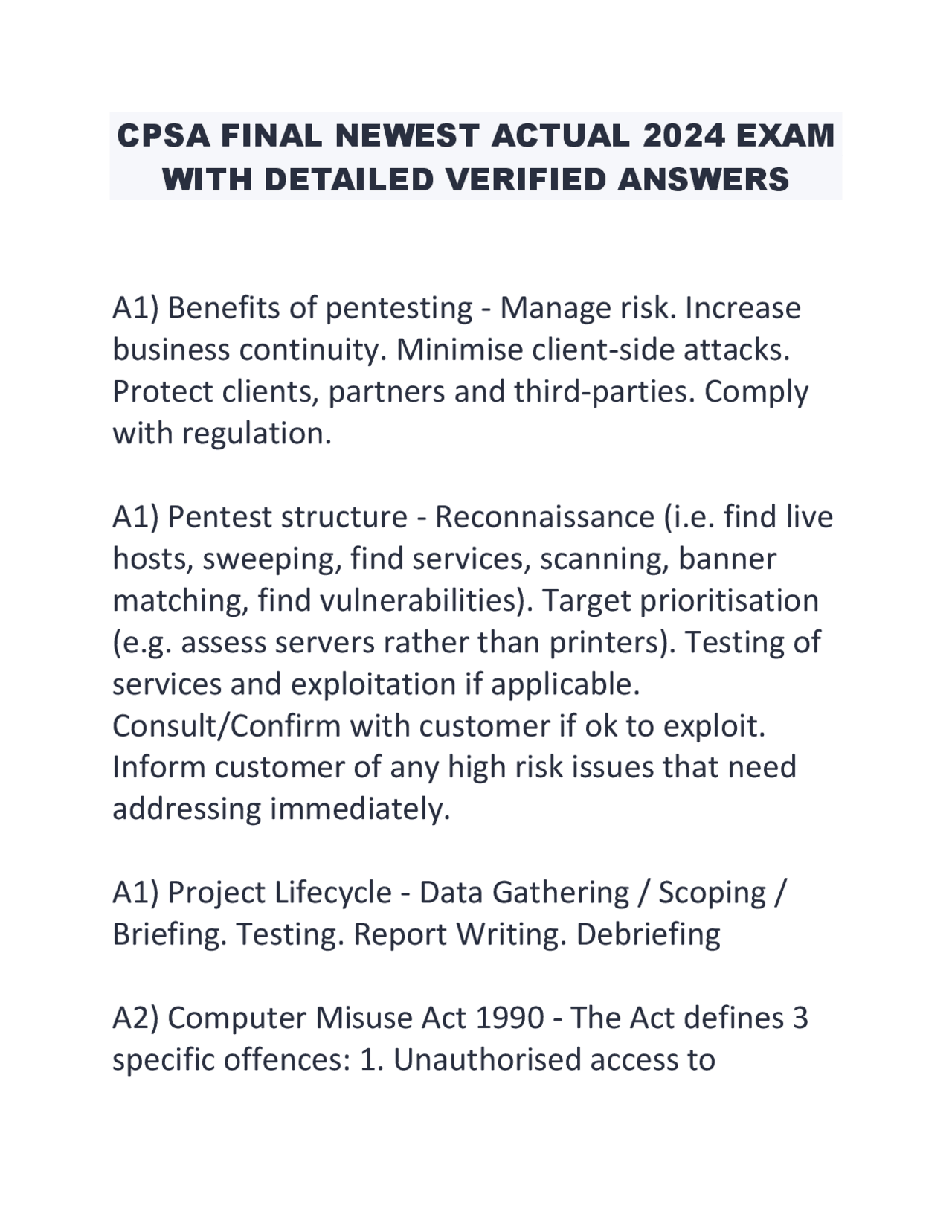 CPSA FINAL NEWEST ACTUAL 2024 EXAM WITH DETAILED VERIFIED ANSWERS ...
