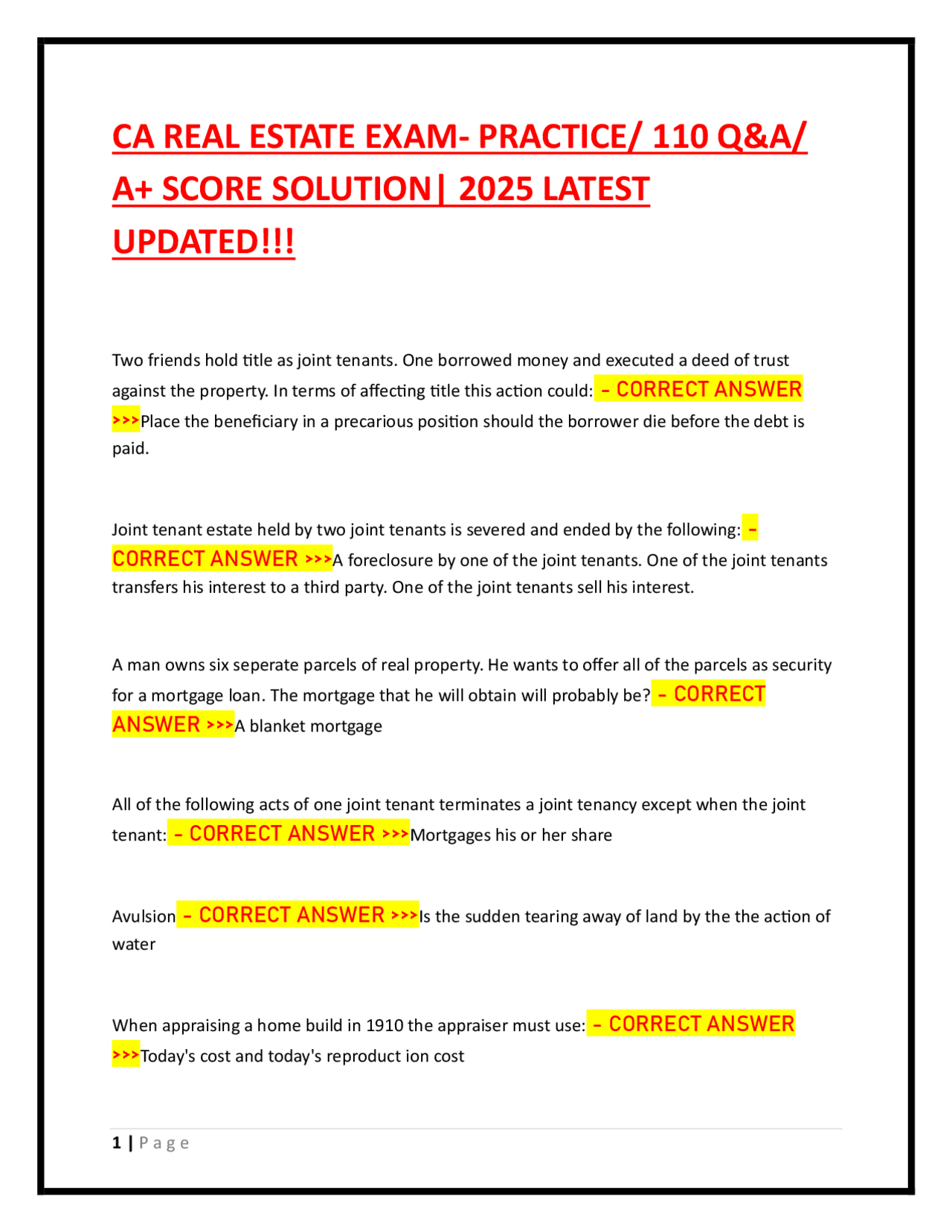CA REAL ESTATE EXAM- PRACTICE/ 110 Q&A/ A+ SCORE SOLUTION| 2025 LATEST ...