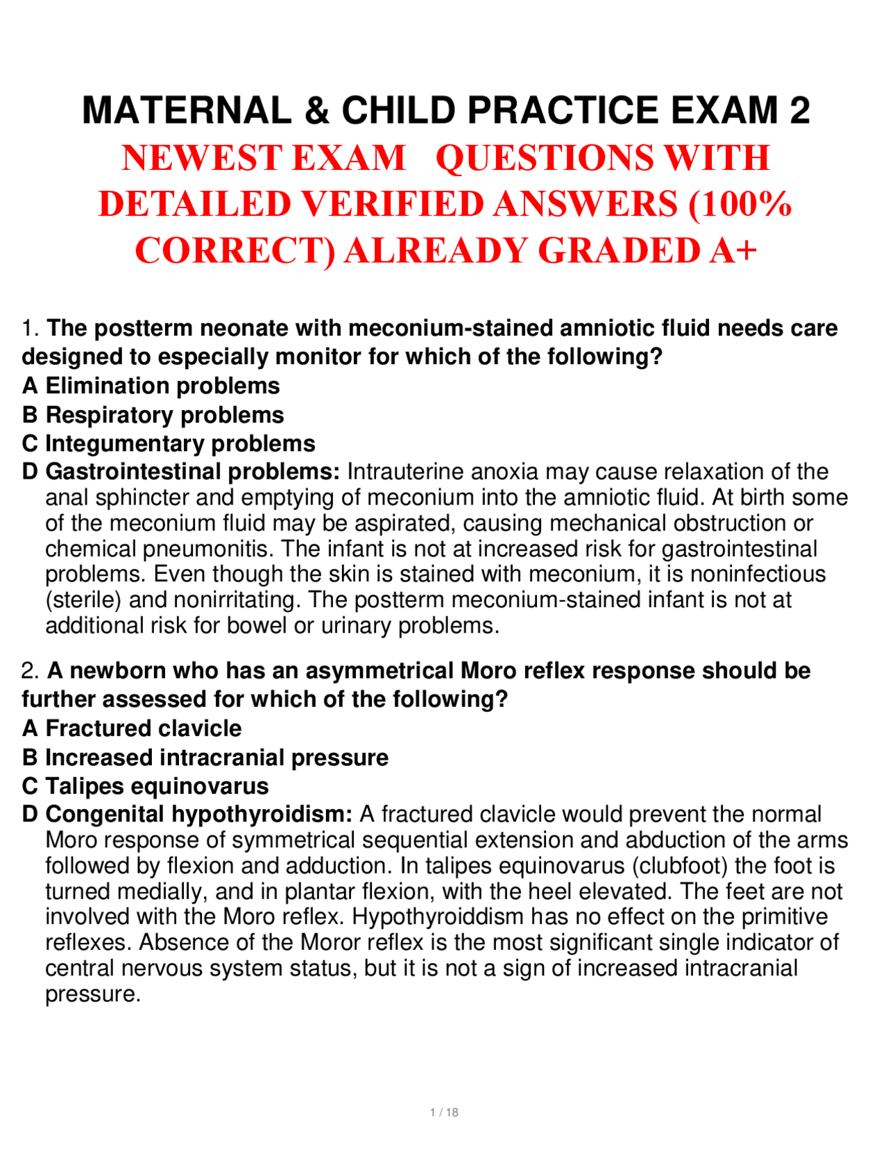 Maternal & Child Practice Exam 2: Questions and Answers | Exams Nursing ...