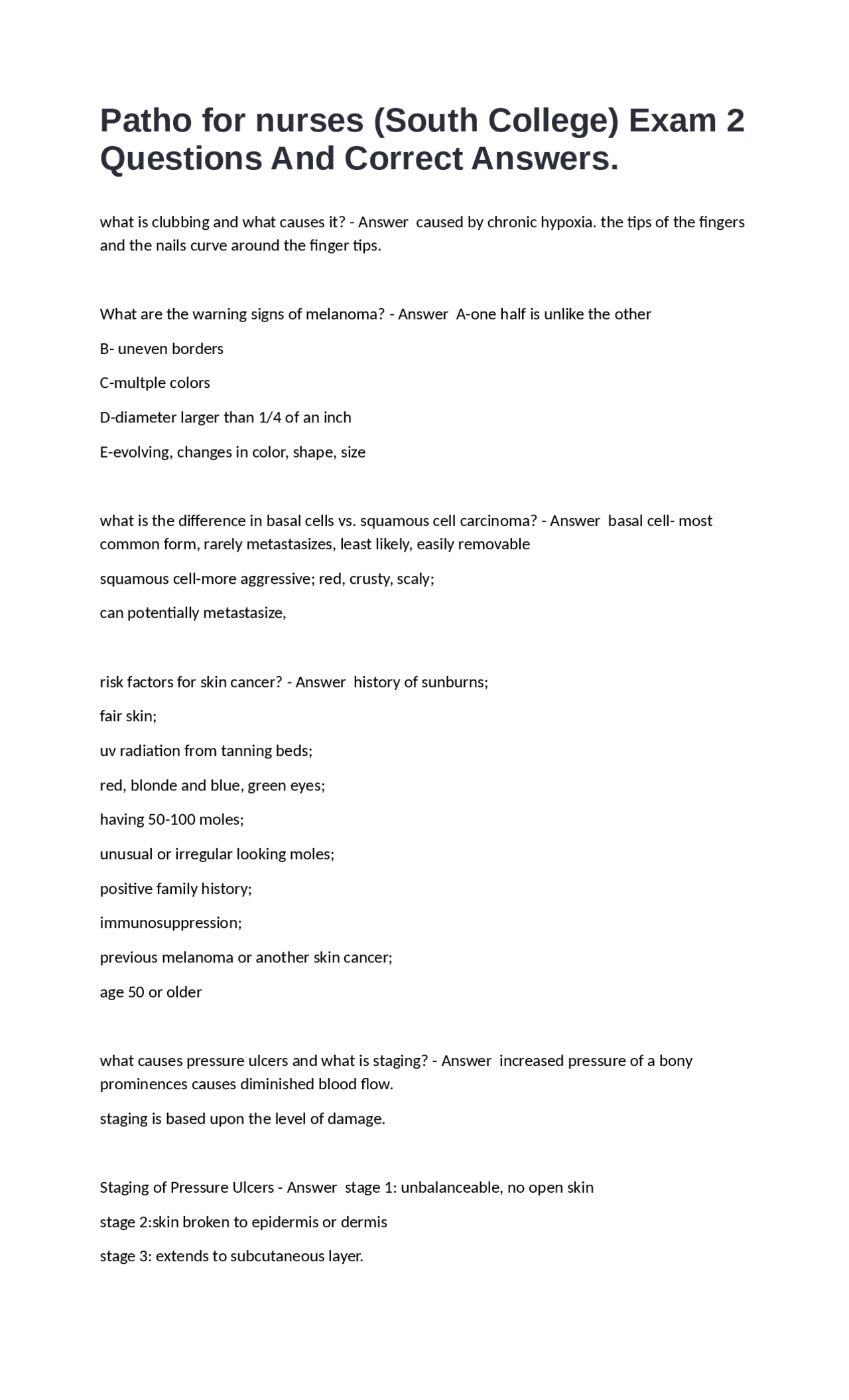 Pathophysiology for Nurses: Exam 2 Review Questions and Answers | Exams ...