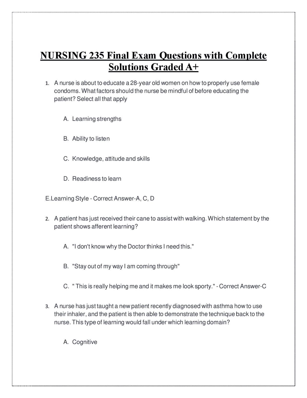 NURSING 235 Final Exam Questions with Complete Solutions Graded A+ ...