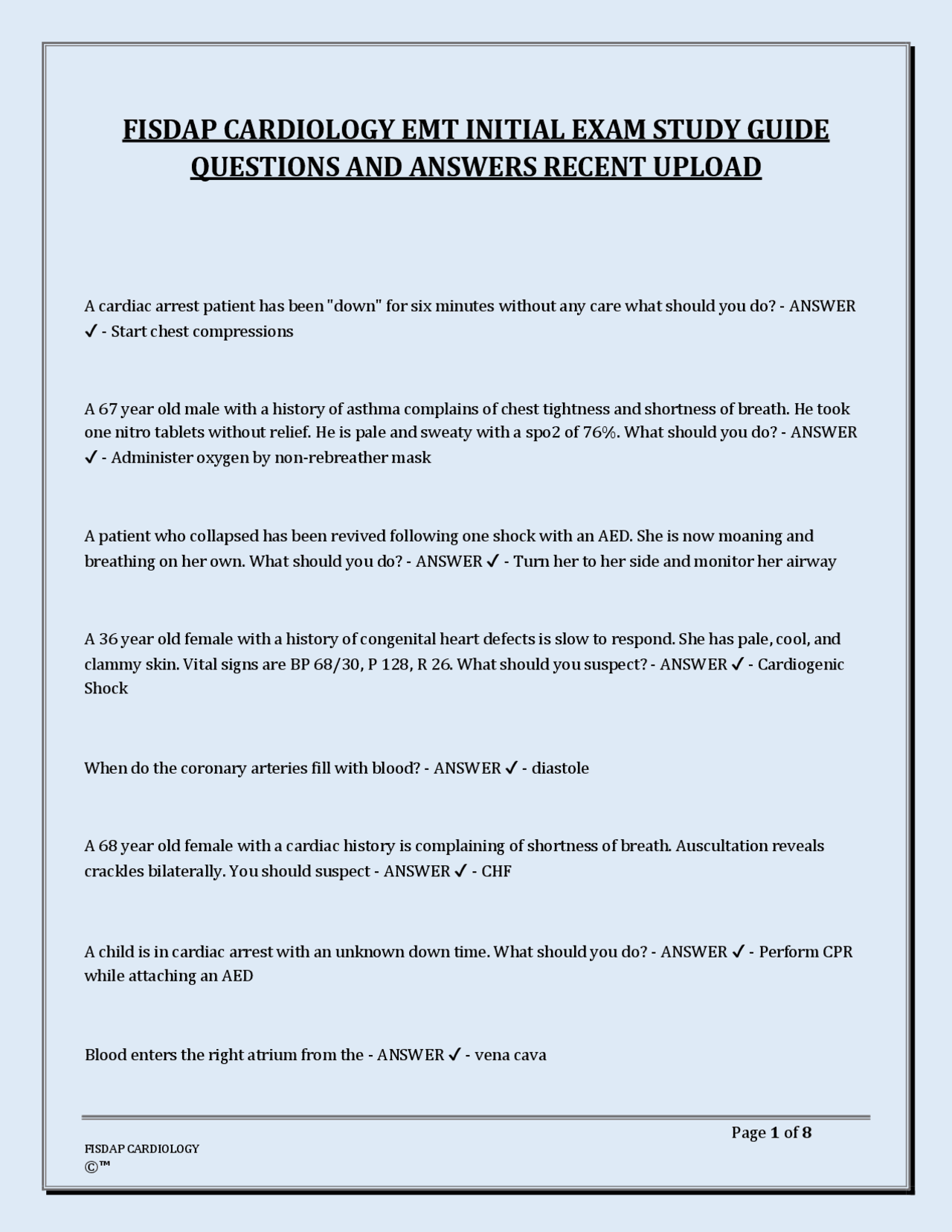 FISDAP CARDIOLOGY EMT INITIAL EXAM STUDY GUIDE QUESTIONS AND ANSWERS ...
