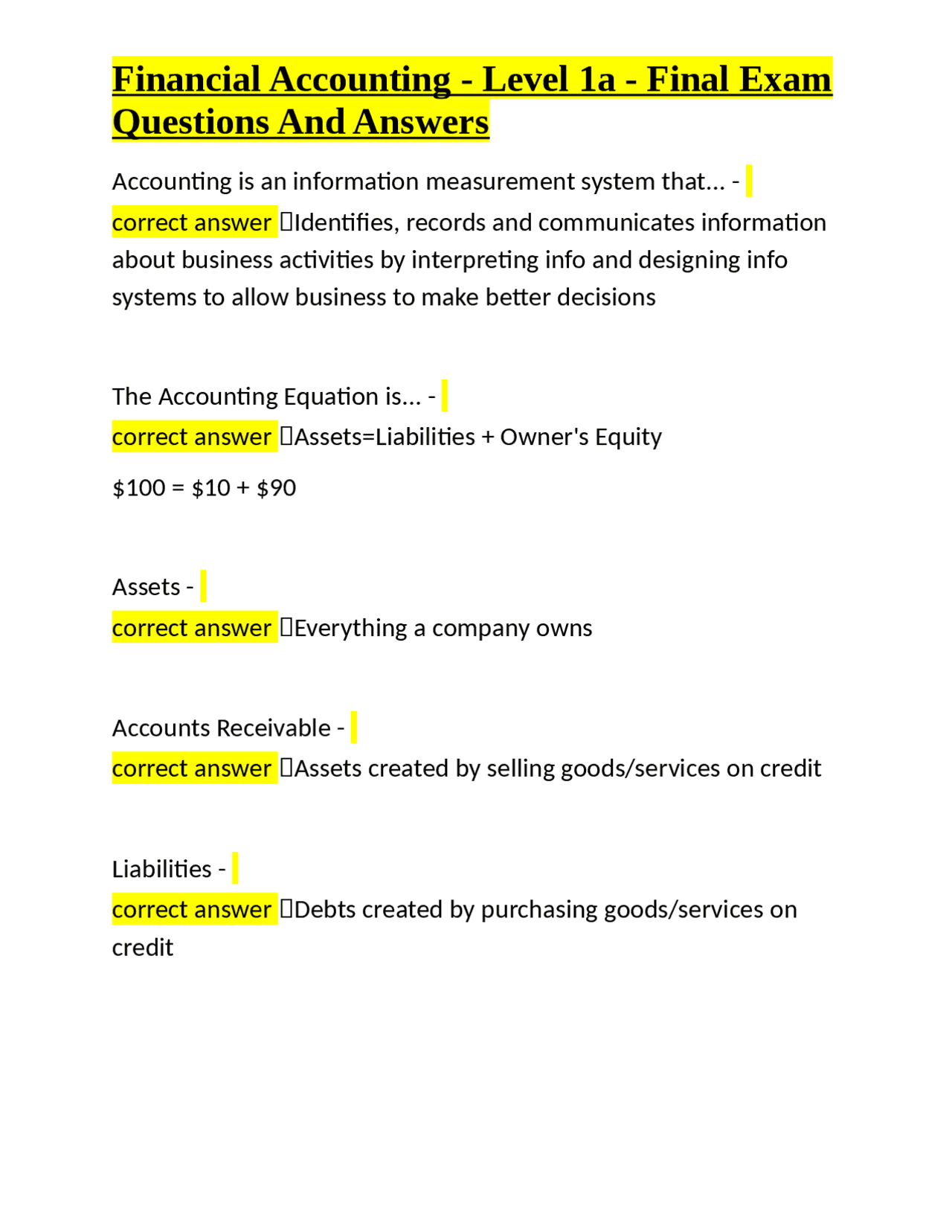 Financial Accounting Level 1a Final Exam Questions and Answers | Exams ...