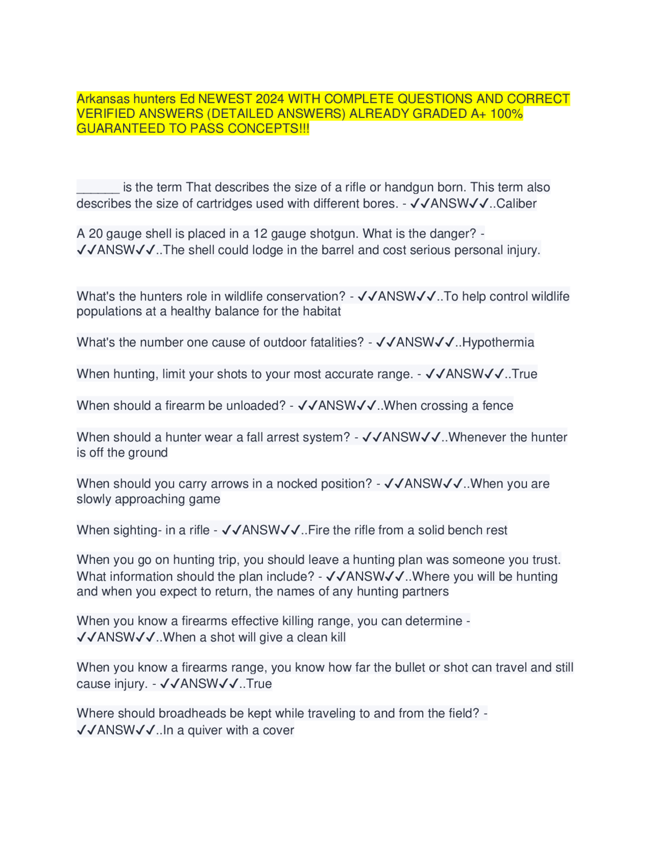 Arkansas hunters Ed NEWEST 2024 WITH COMPLETE QUESTIONS AND CORRECT VERIFIED ANSWERS (DETA ...