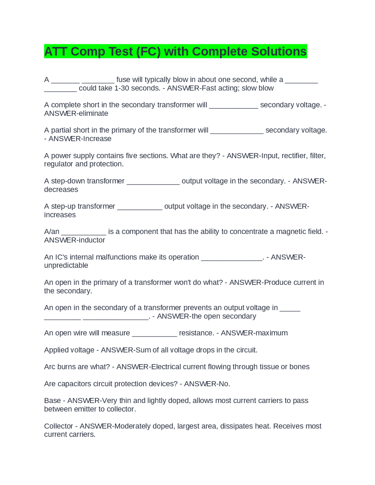 ATT Comp Test (FC) with Complete Solution | Exams Advanced Education ...