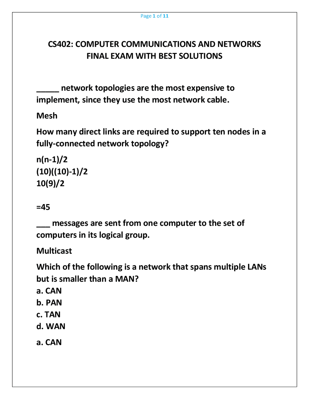 CS402: COMPUTER COMMUNICATIONS AND NETWORKS FINAL EXAM WITH BEST ...