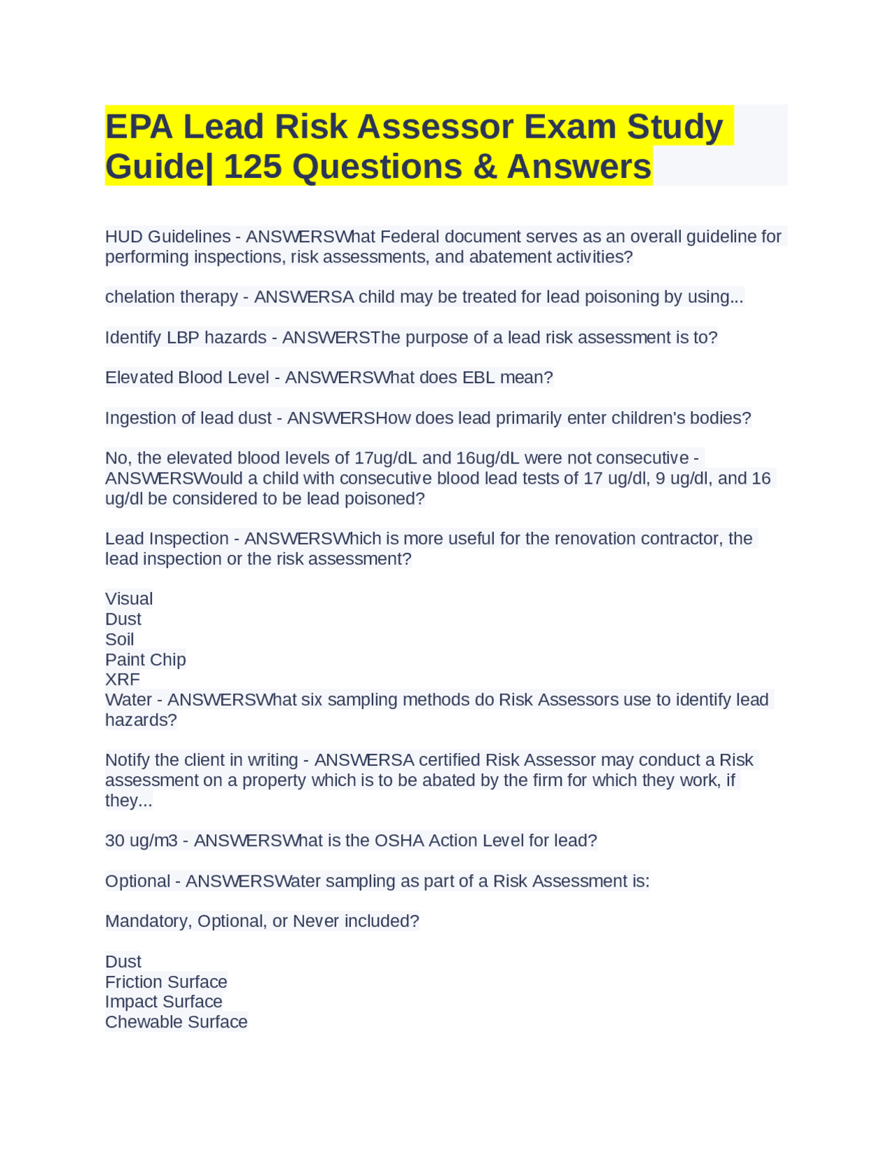 EPA Lead Risk Assessor Exam Study Guide: 125 Questions & Answers ...