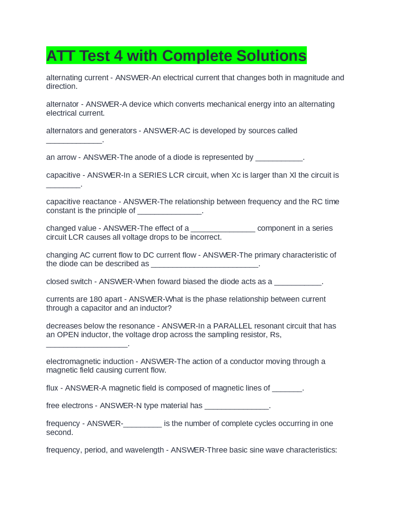 ATT Test 4 with Complete Solutions. | Exams Advanced Education | Docsity