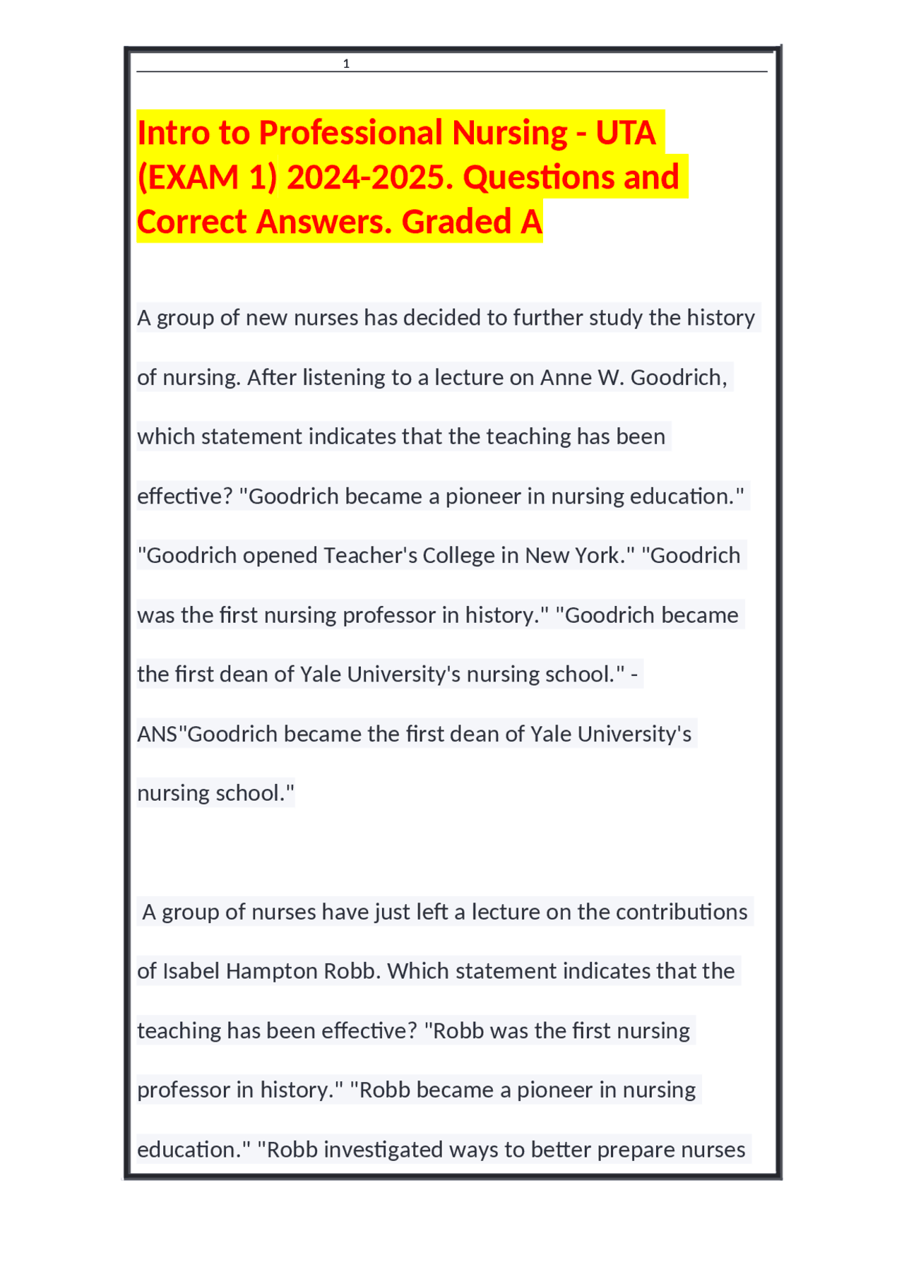 Intro to Professional Nursing UTA (EXAM 1) 20242025 Questions and