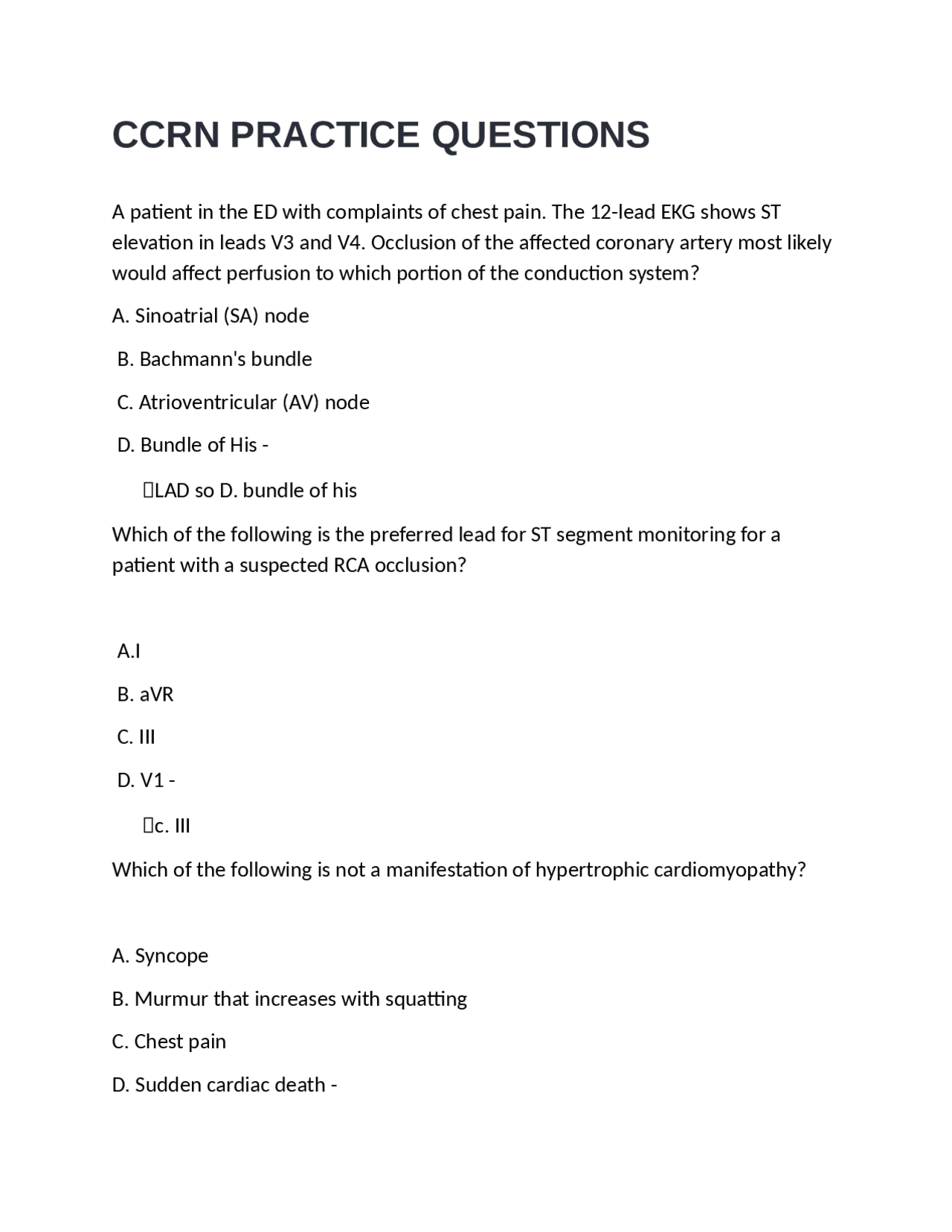 CCRN PRACTICE QUESTIONS | Exams Nursing | Docsity