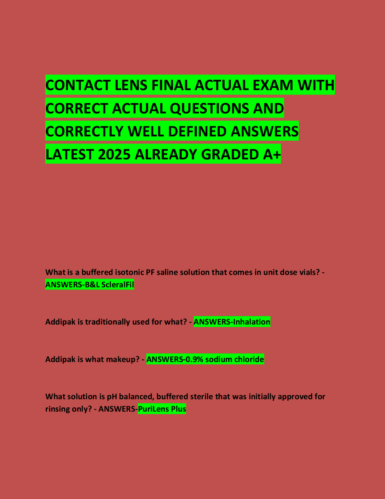 CONTACT LENS FINAL ACTUAL EXAM WITH CORRECT ACTUAL QUESTIONS AND ANSWERS 2025 | Exams Medicine ...