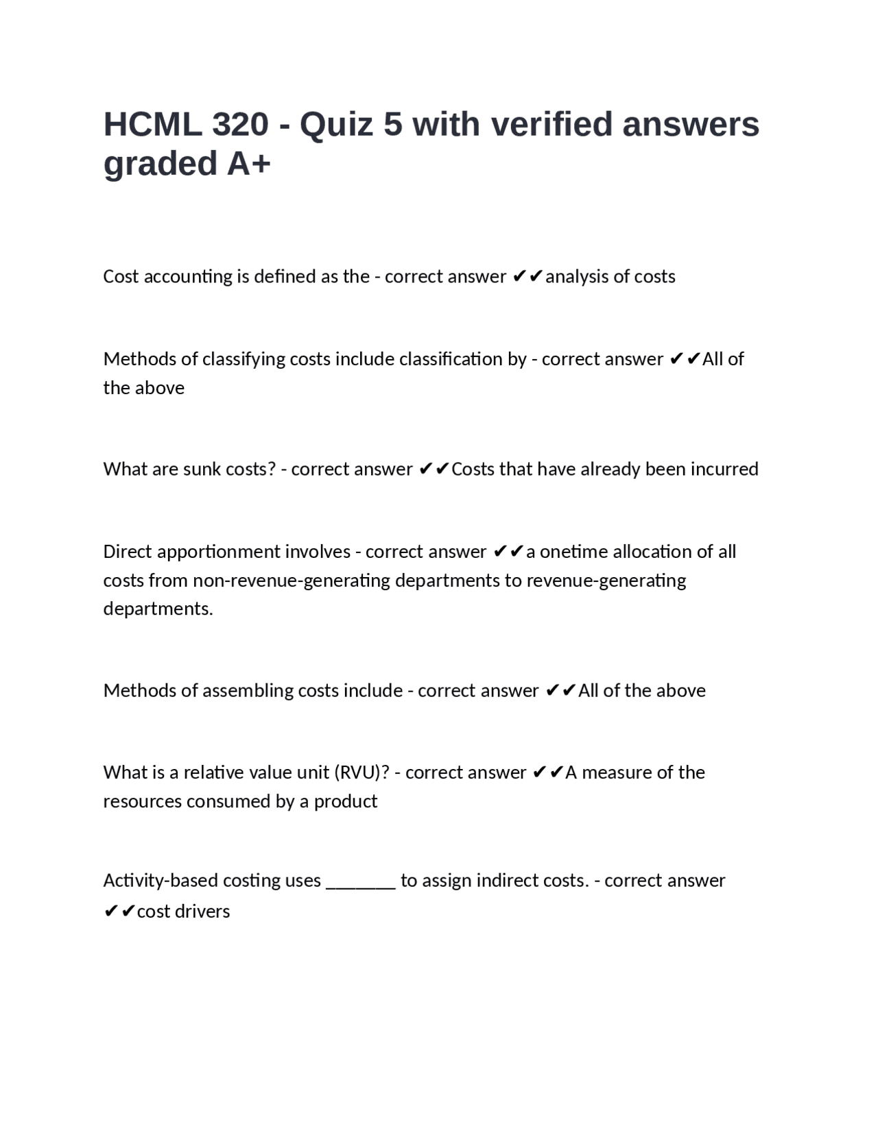 HCML 320 - Quiz 5: Cost Accounting Multiple Choice Questions and ...
