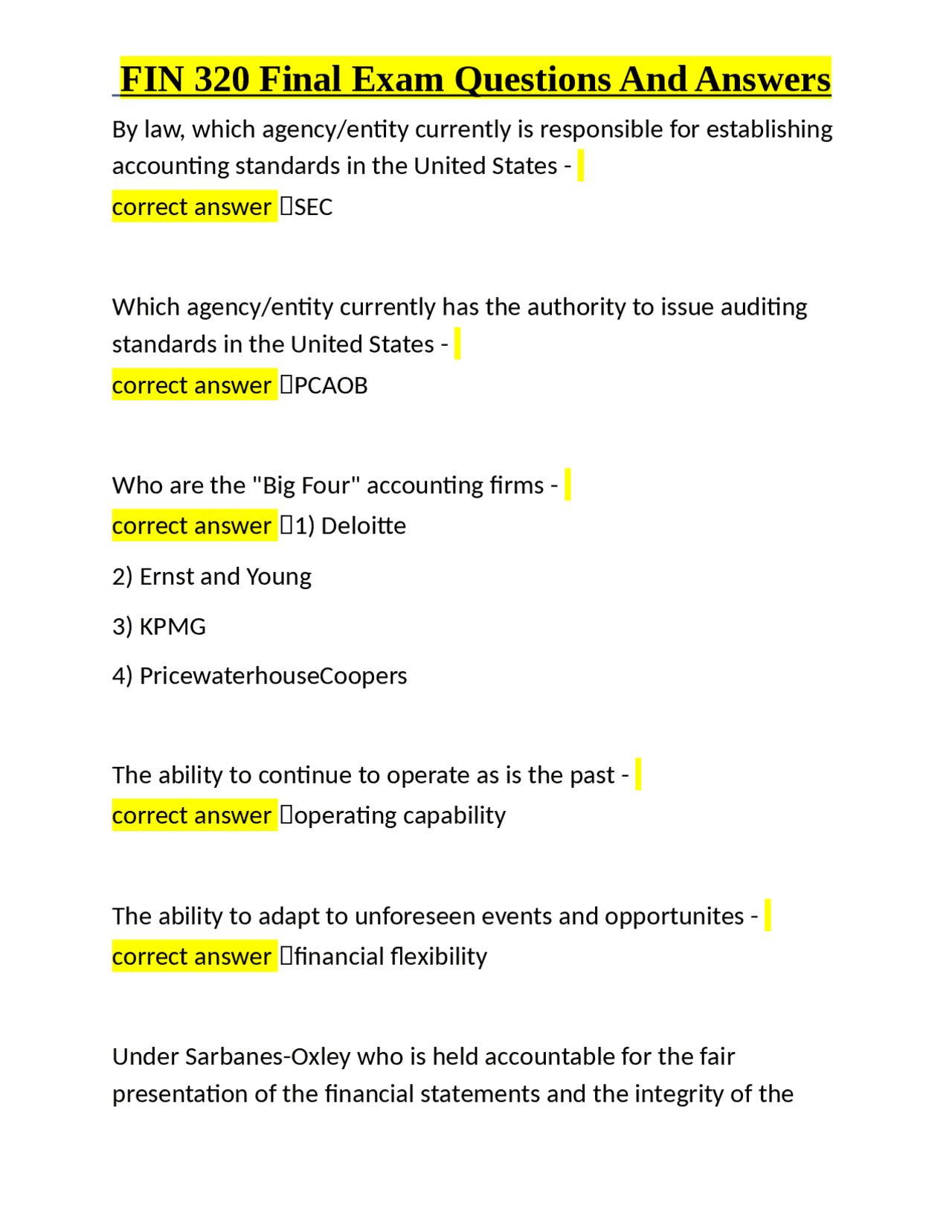 Fin 320 Final Exam Questions And Answers Exams Finance Docsity