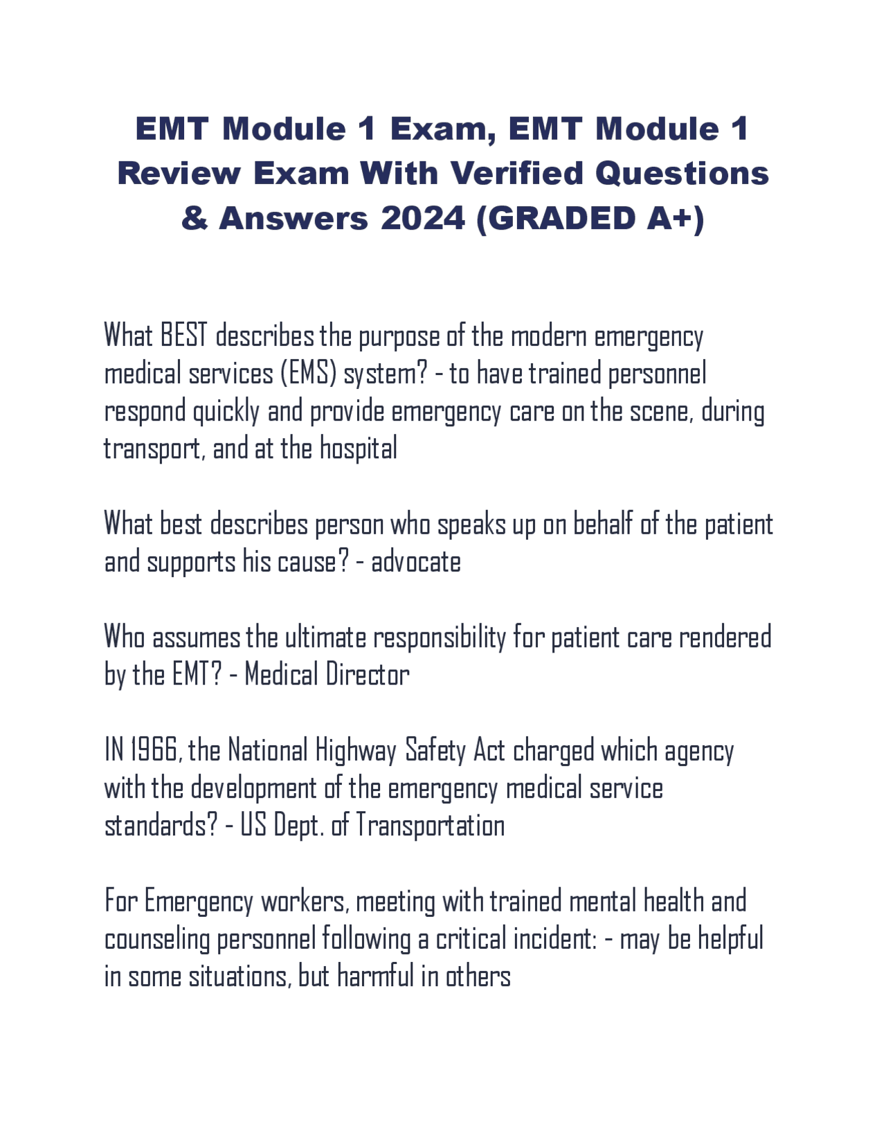 Emt Module 1 Exam Emt Module 1 Review Exam With Verified Questions