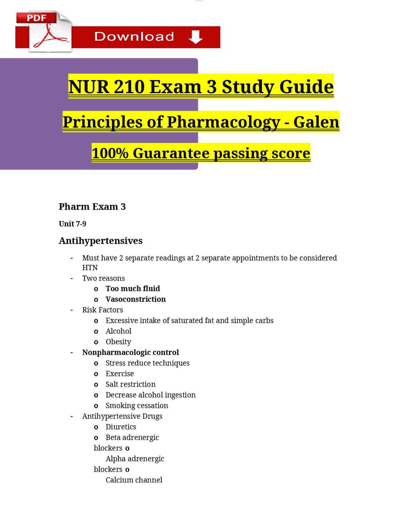 NUR 210 Exam 3 Study Guide Principles of Pharmacology - Galen (2025 / ...