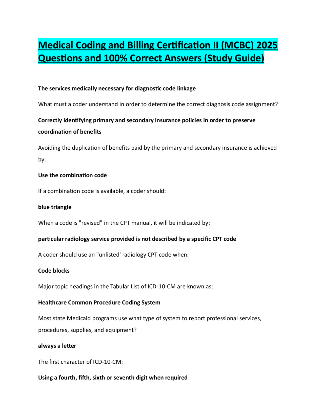 Medical Coding and Billing Certification II (MCBC) 2025 Questions and ...