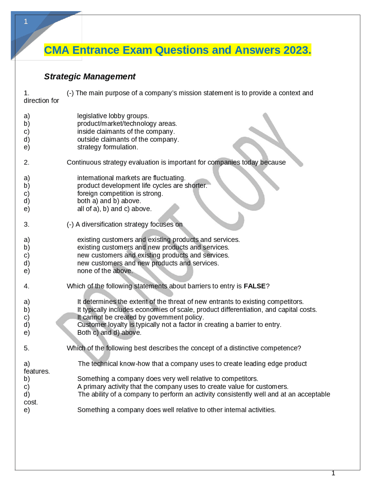 Cma Example Questions CMA Exam Questions & Answers 2023: Strategy, Risk, & Performance ...