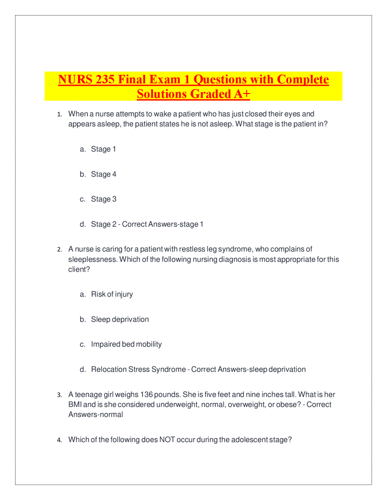 NURS 235 Final Exam 1 Questions with Complete Solutions Graded A+ ...