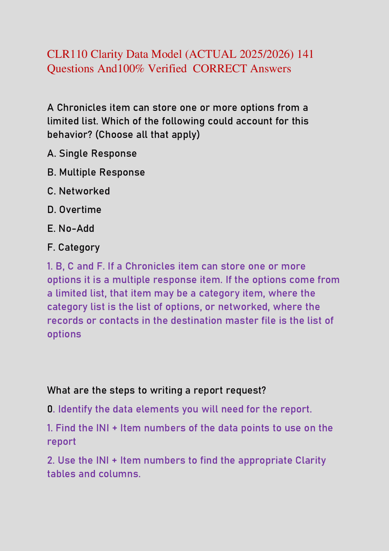 CLR110 Clarity Data Model (ACTUAL 2025/2026) 141 Questions And100 ...