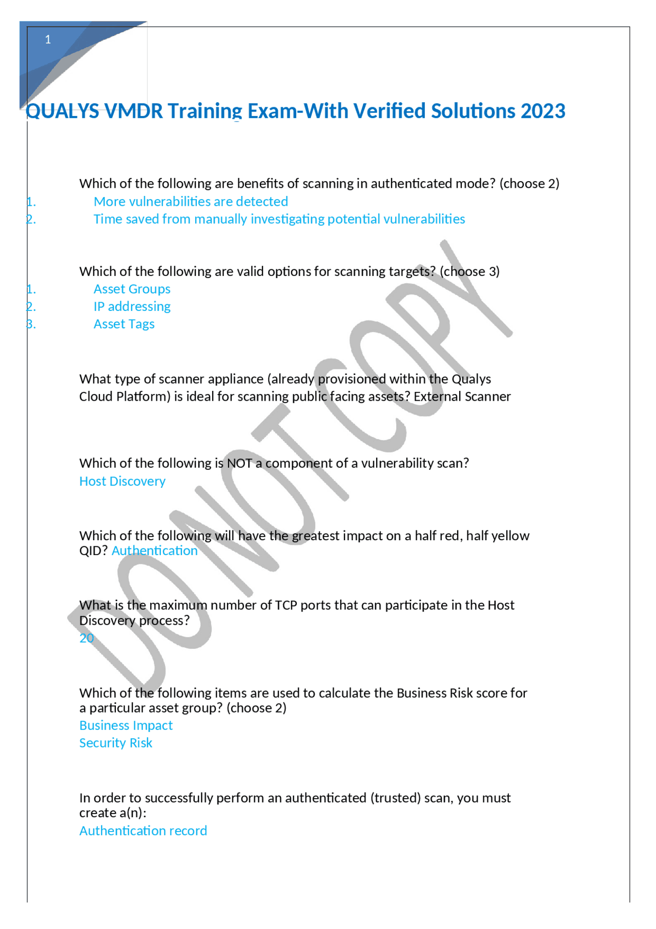 QUALYS VMDR Training Exam Questions and Answers 2023 | Exams Nursing | Docsity