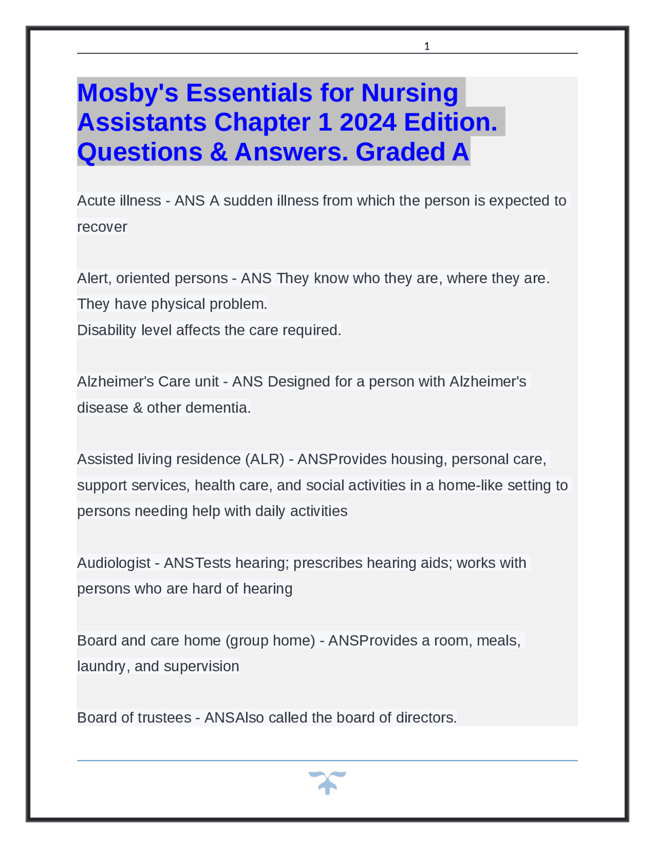 Mosby's Essentials for Nursing Assistants: Chapter 1 - Questions ...