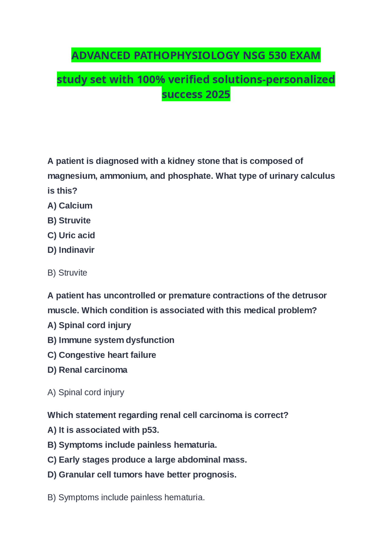 ADVANCED PATHOPHYSIOLOGY NSG 530 EXAM study set with 100% verified ...