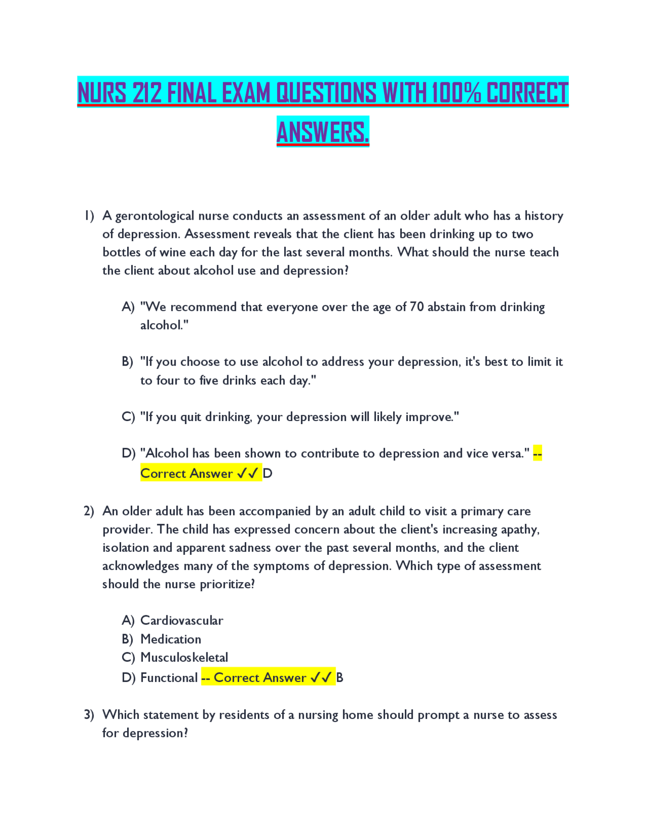 NURS 212 FINAL EXAM QUESTIONS WITH 100% CORRECT ANSWERS. | Exams ...