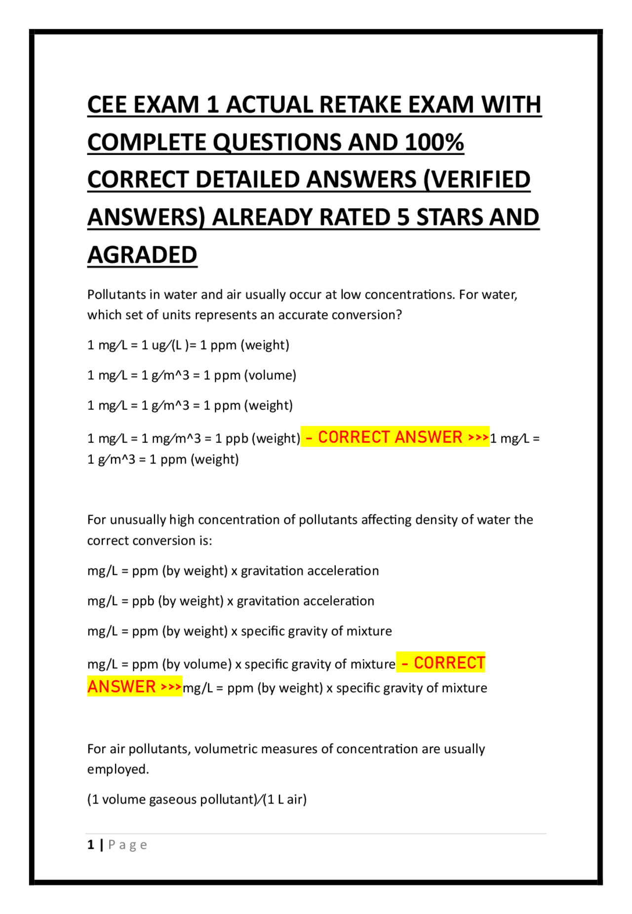 CEE Exam 1 Retake Exam: Environmental Engineering Principles and ...