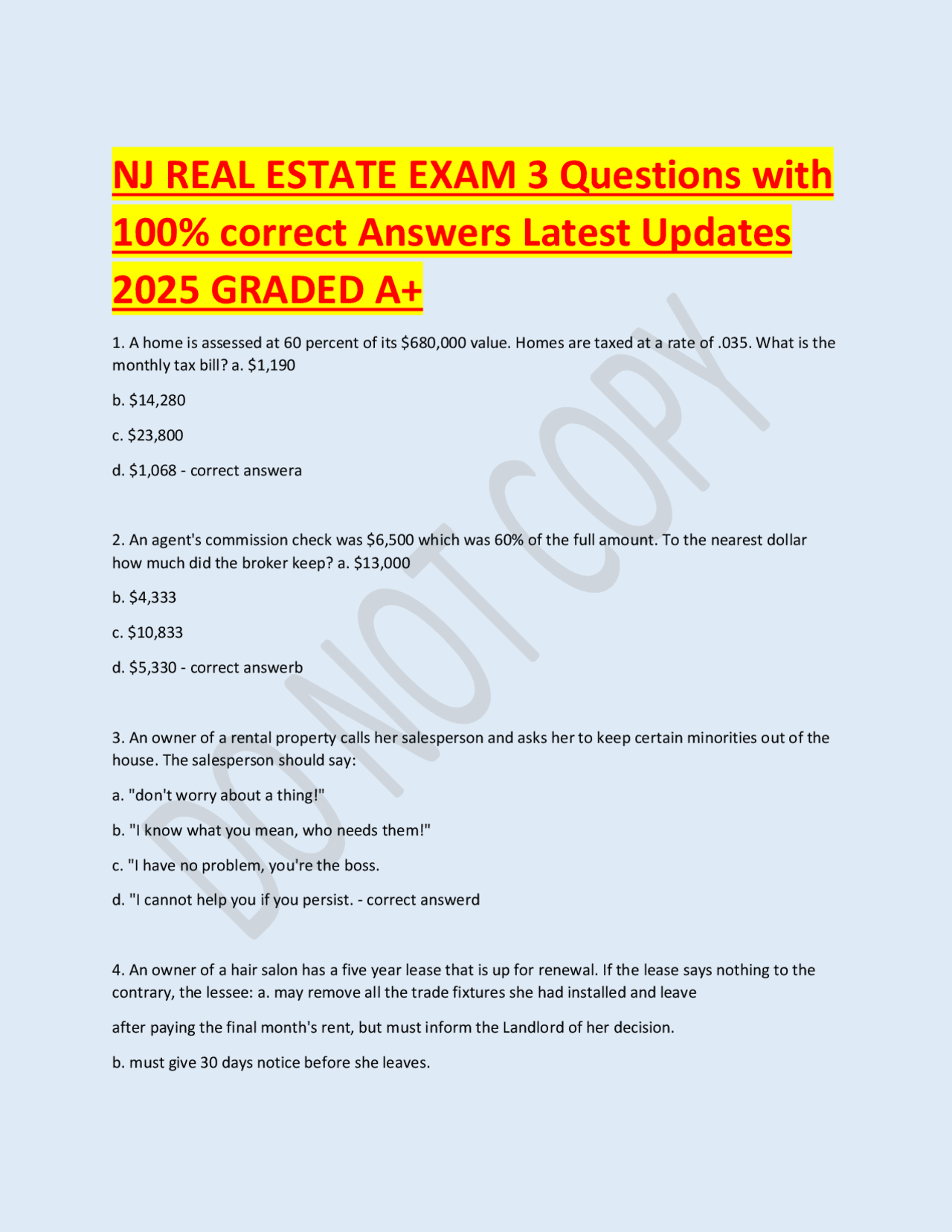NJ REAL ESTATE EXAM 3 Questions with 100 correct Answers