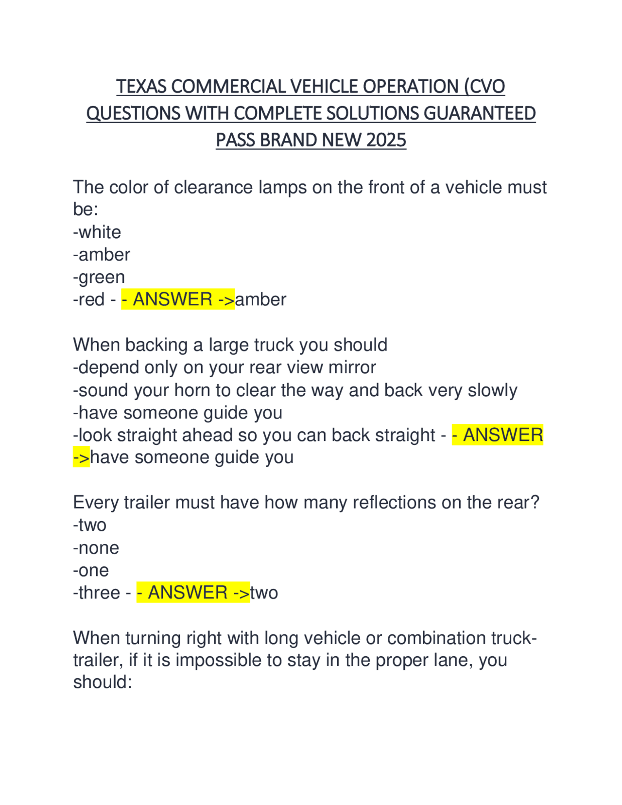 Texas Commercial Vehicle Operation (CVO) Questions and Answers | Exams ...