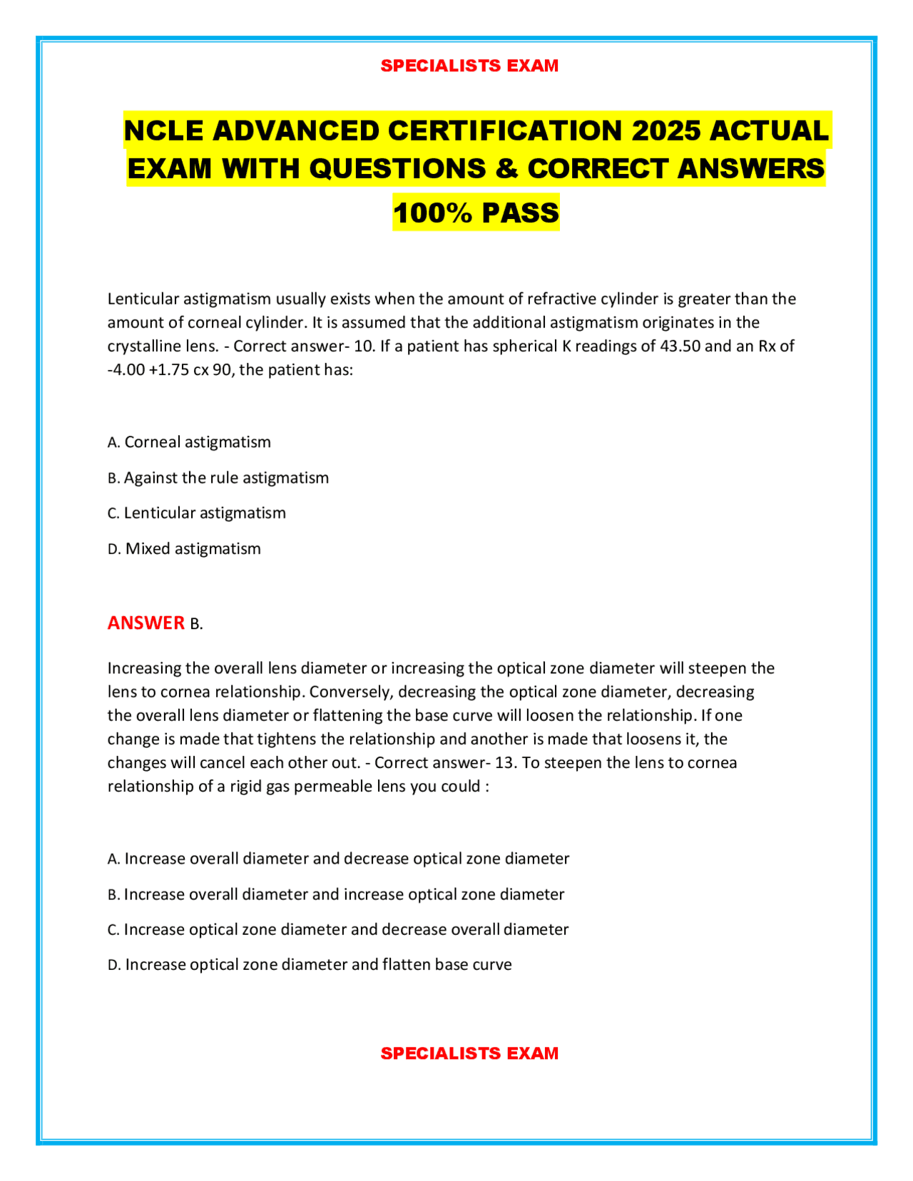 NCLE Advanced Certification 2025: RGP Contact Lens Fitting Exam | Exams ...
