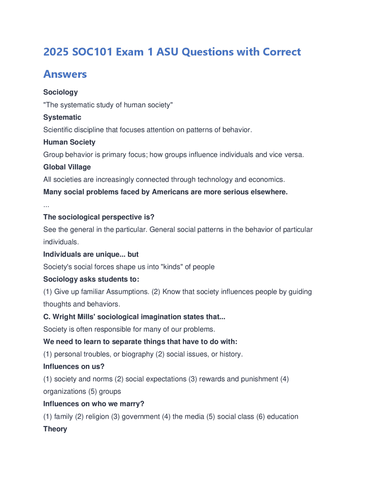 2025 SOC101 Exam 1 ASU Questions with Correct Answers | Exams Sociology ...