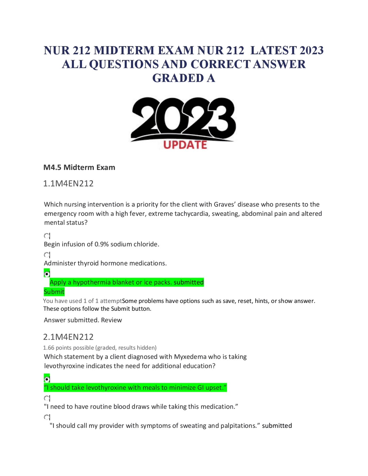 NUR 212 MIDTERM EXAM NUR 212 LATEST 2023 ALL QUESTIONS AND CORRECT ...